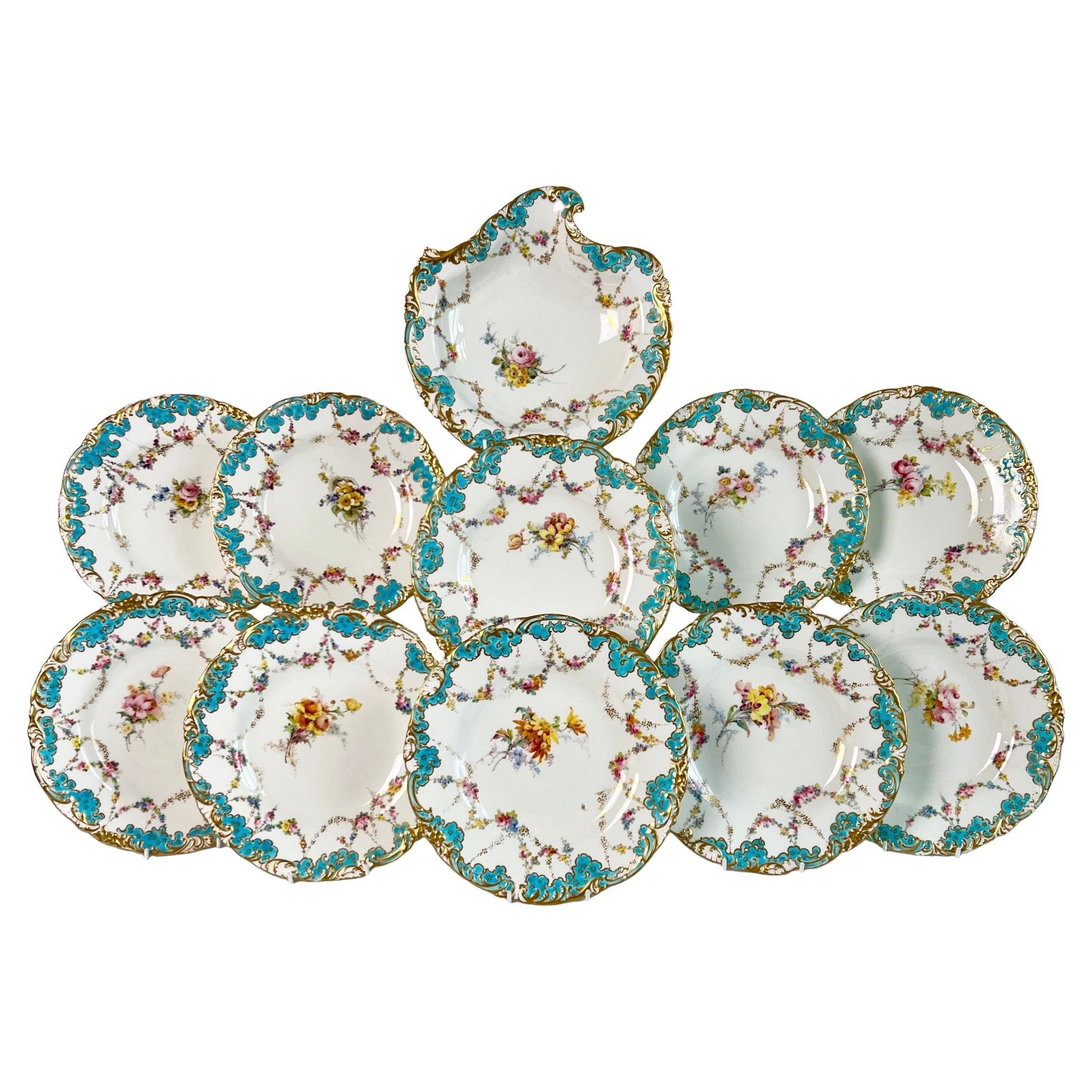 Royal Crown Derby Part Dessert Service, Turquoise with Flower Garlands, 1916 For Sale