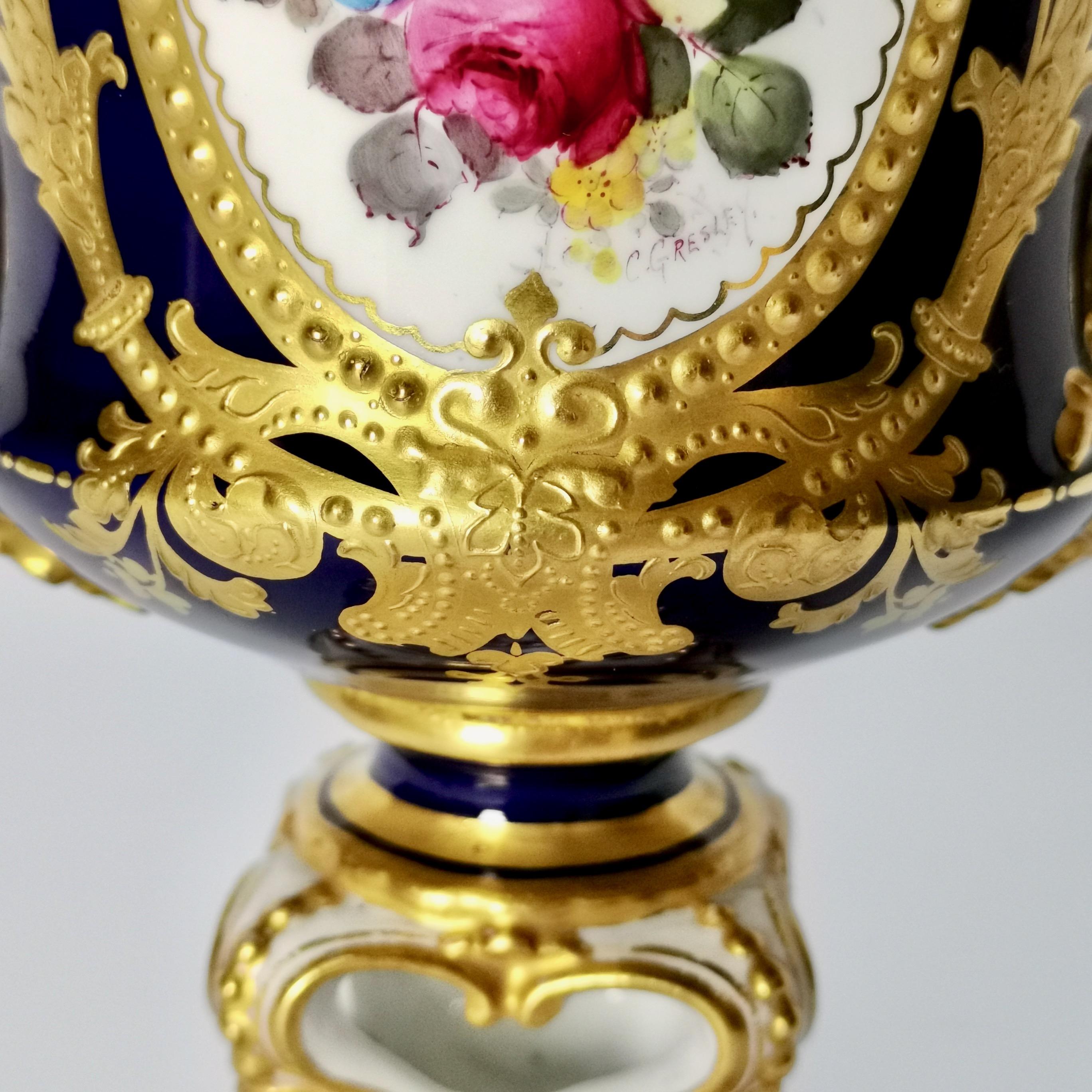 Early 20th Century Royal Crown Derby Porcelain Campana Vase, Cobalt Blue, Flowers by C Gresley 1916