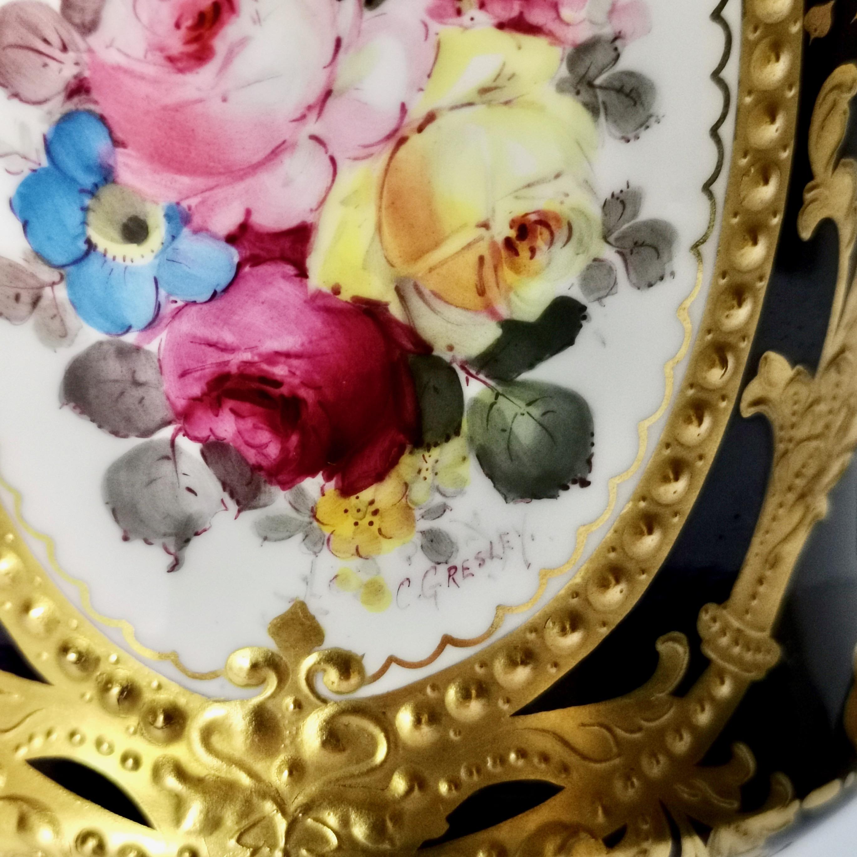 Royal Crown Derby Porcelain Campana Vase, Cobalt Blue, Flowers by C Gresley 1916 For Sale 2