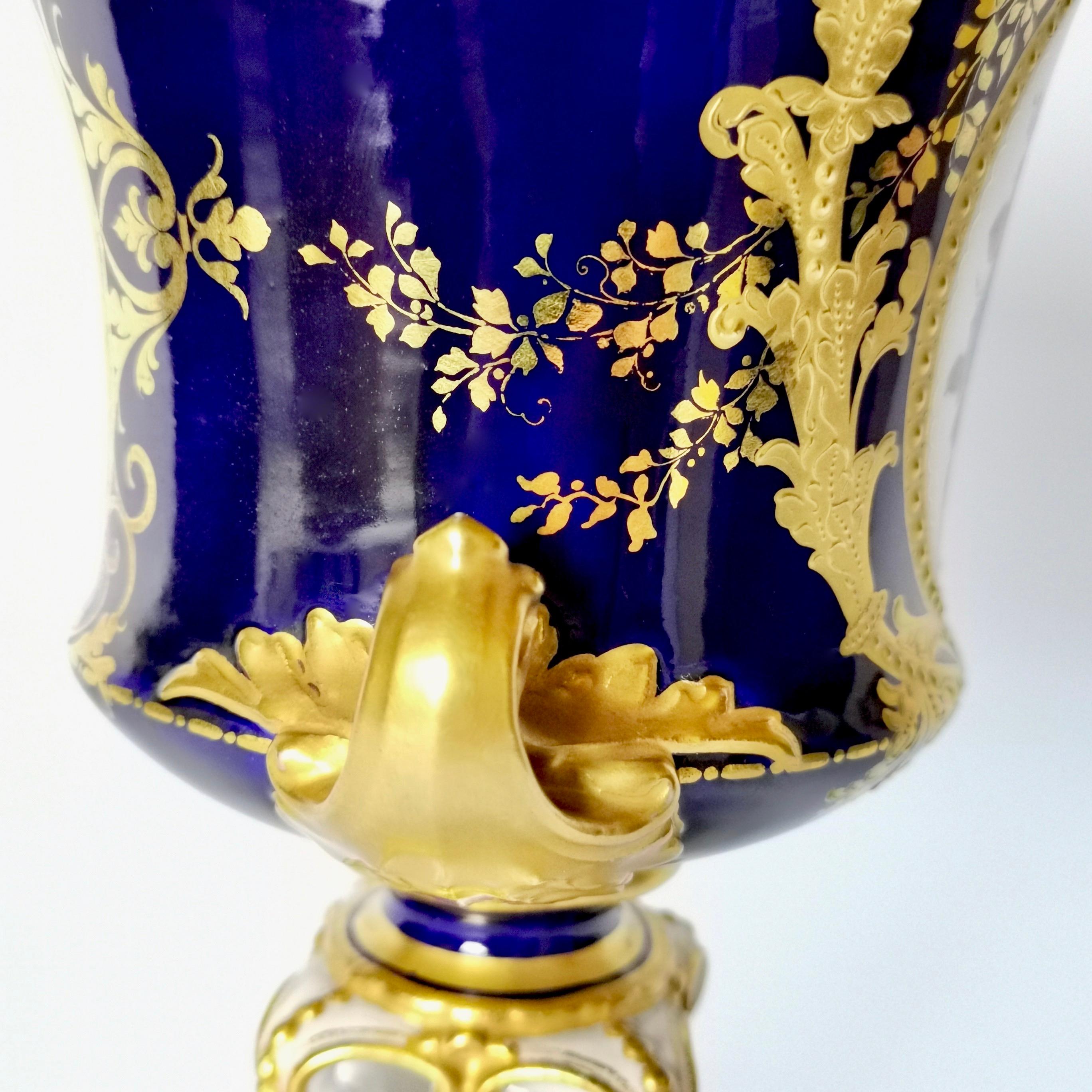 Royal Crown Derby Porcelain Campana Vase, Cobalt Blue, Flowers by C Gresley 1916 For Sale 3