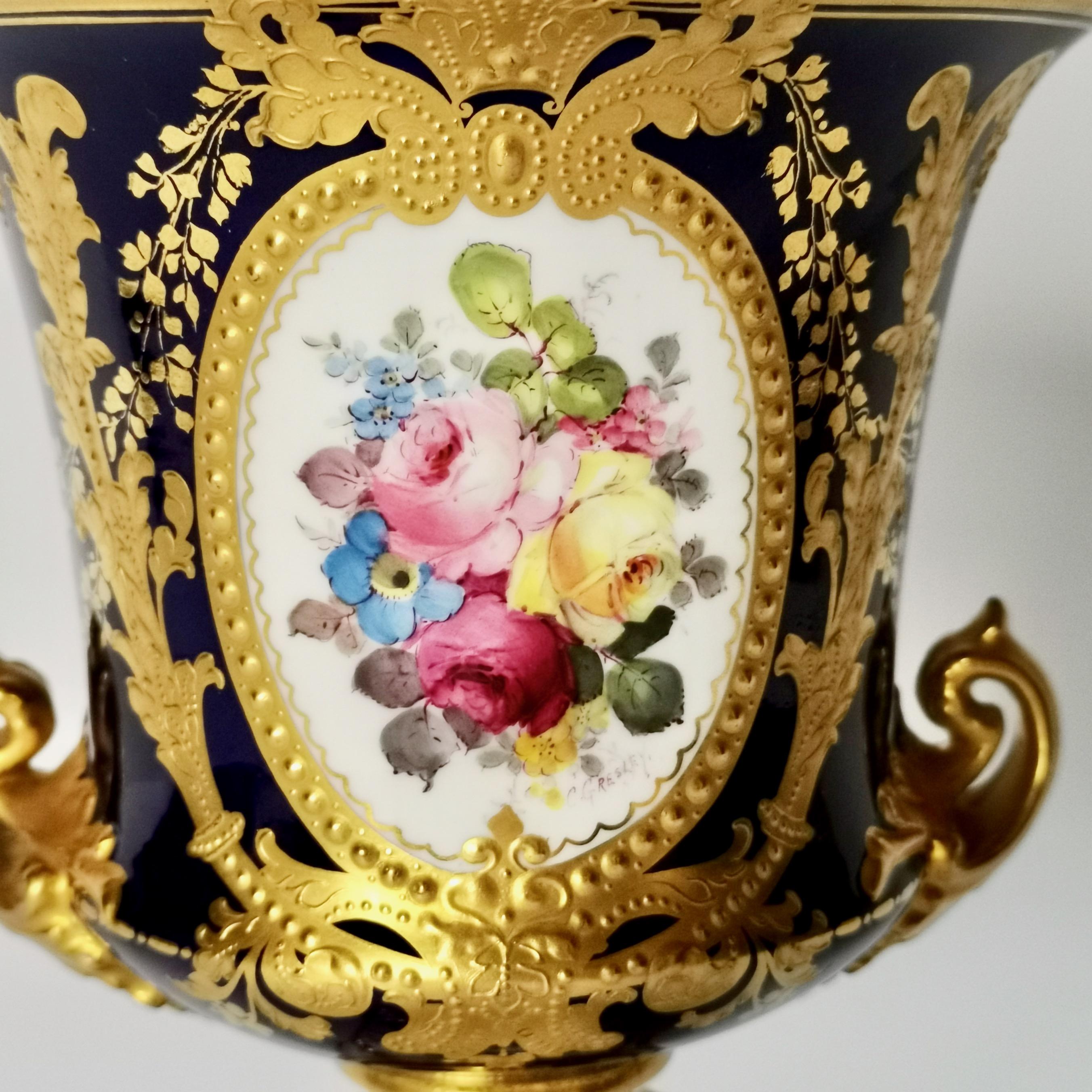 Edwardian Royal Crown Derby Porcelain Campana Vase, Cobalt Blue, Flowers by C Gresley 1916 For Sale