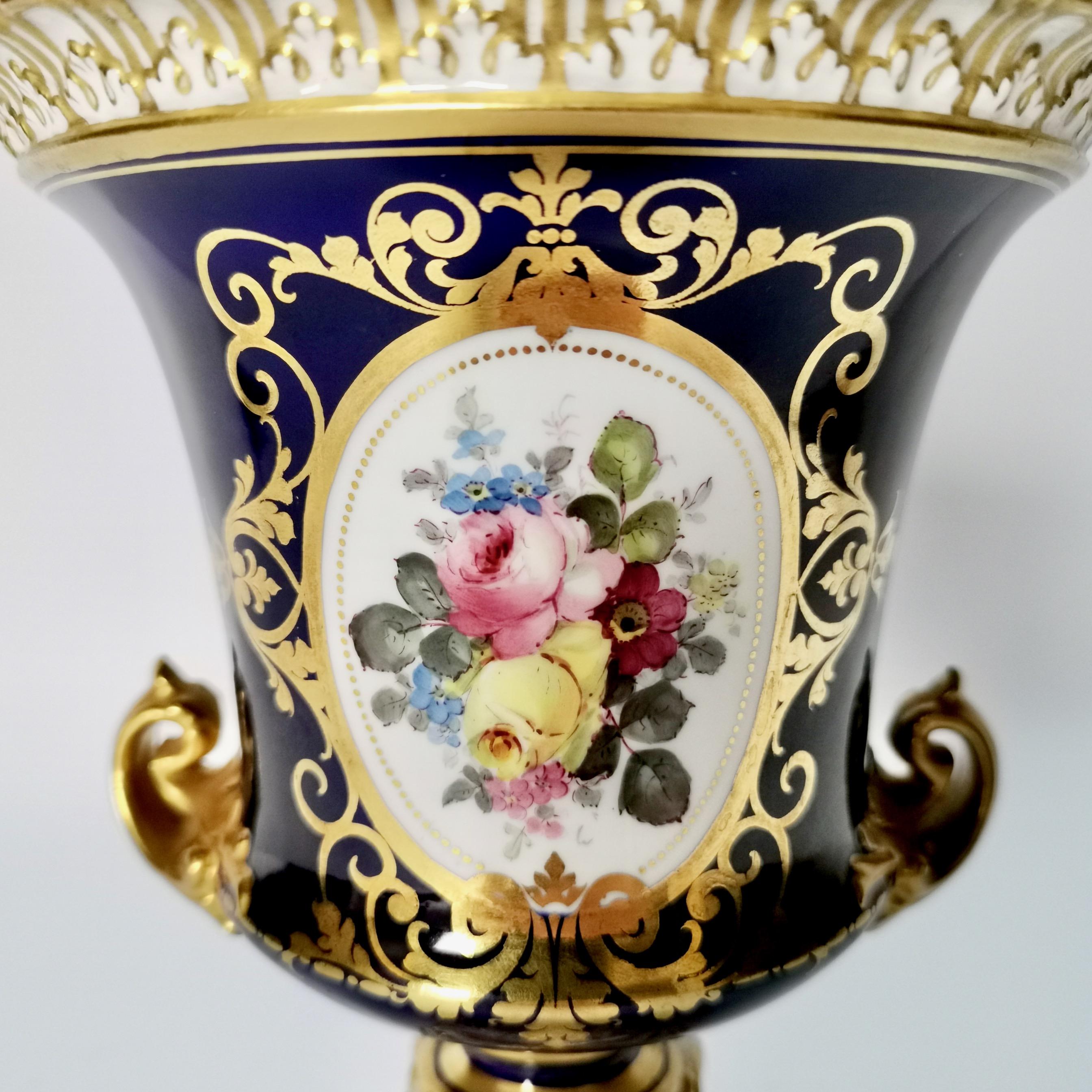 English Royal Crown Derby Porcelain Campana Vase, Cobalt Blue, Flowers by C Gresley 1916 For Sale