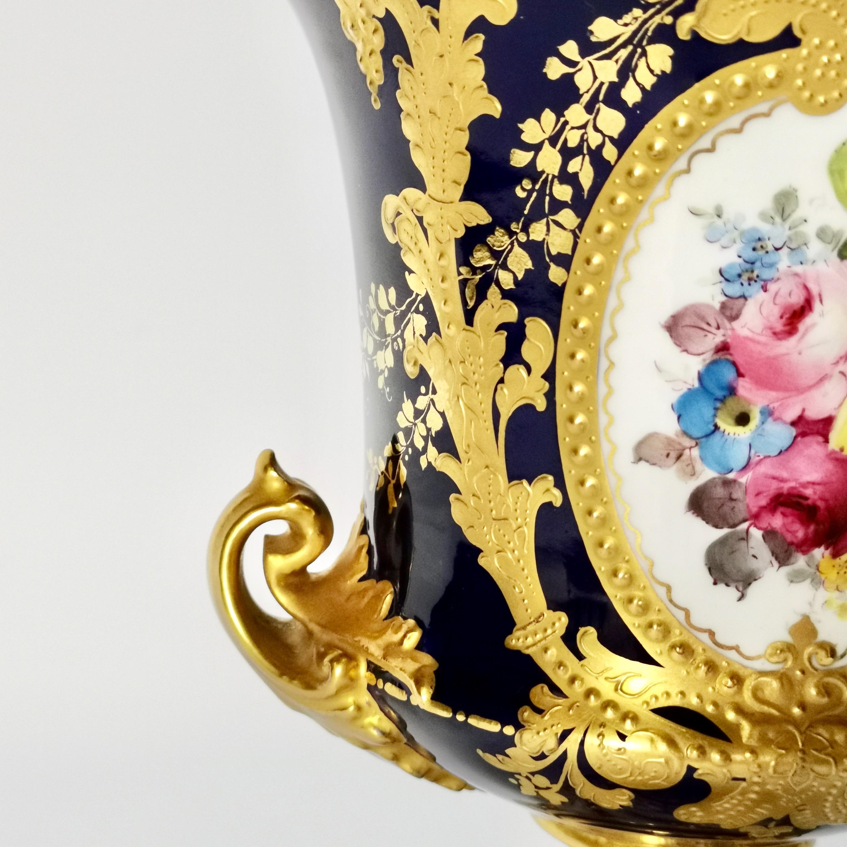 Hand-Painted Royal Crown Derby Porcelain Campana Vase, Cobalt Blue, Flowers by C Gresley 1916 For Sale