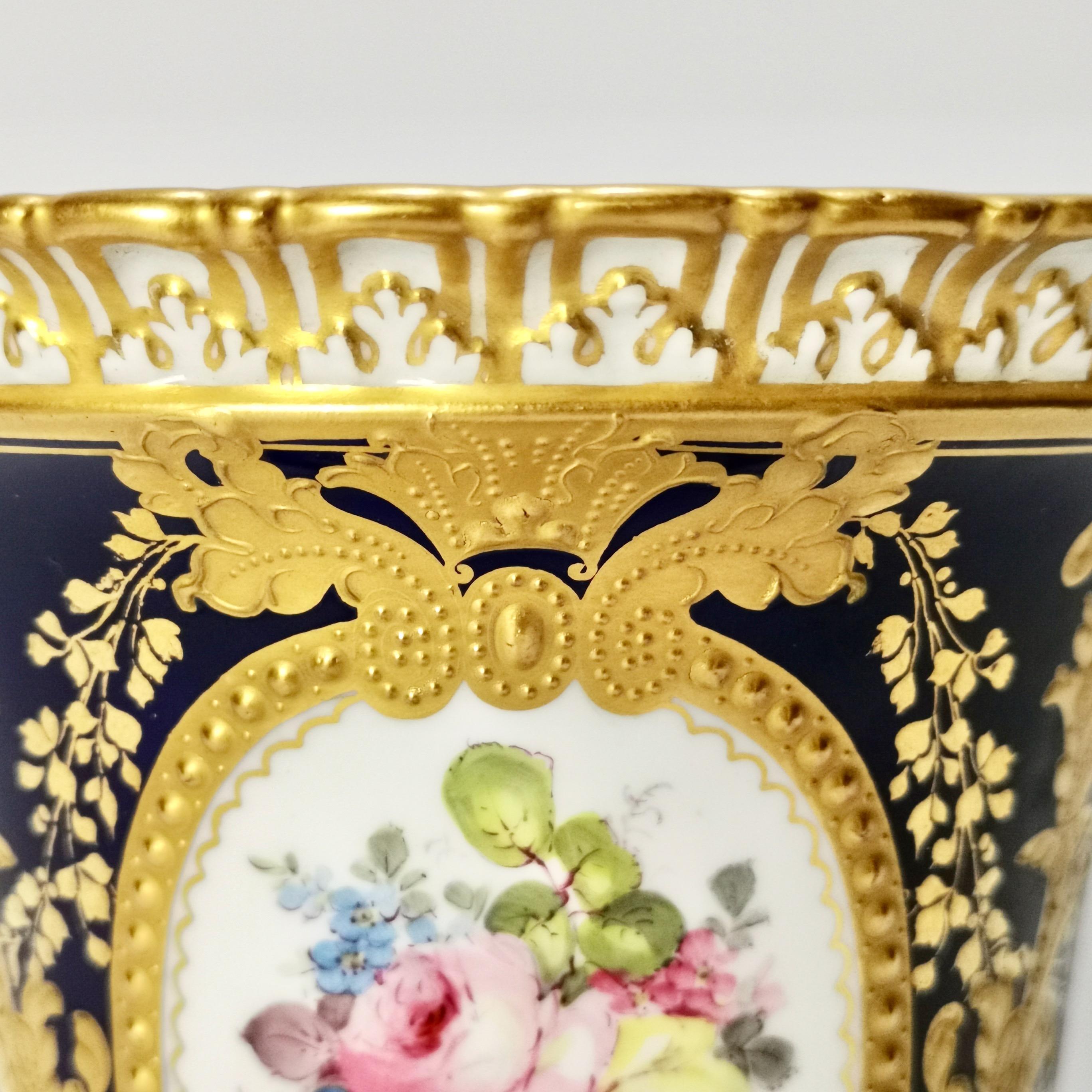 Royal Crown Derby Porcelain Campana Vase, Cobalt Blue, Flowers by C Gresley 1916 In Good Condition For Sale In London, GB