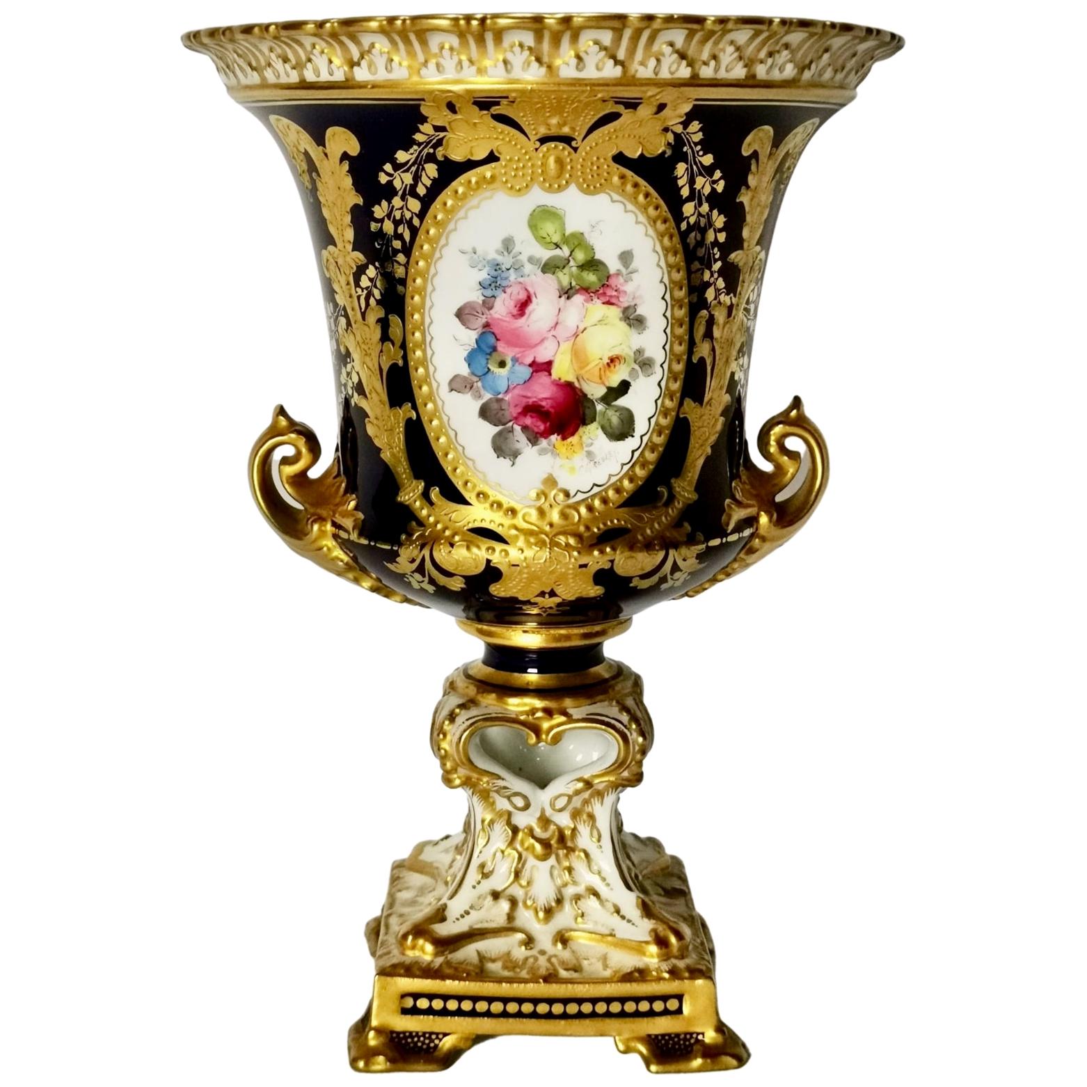 Royal Crown Derby Porcelain Campana Vase, Cobalt Blue, Flowers by C Gresley 1916 For Sale