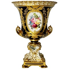 Antique Royal Crown Derby Porcelain Campana Vase, Cobalt Blue, Flowers by C Gresley 1916