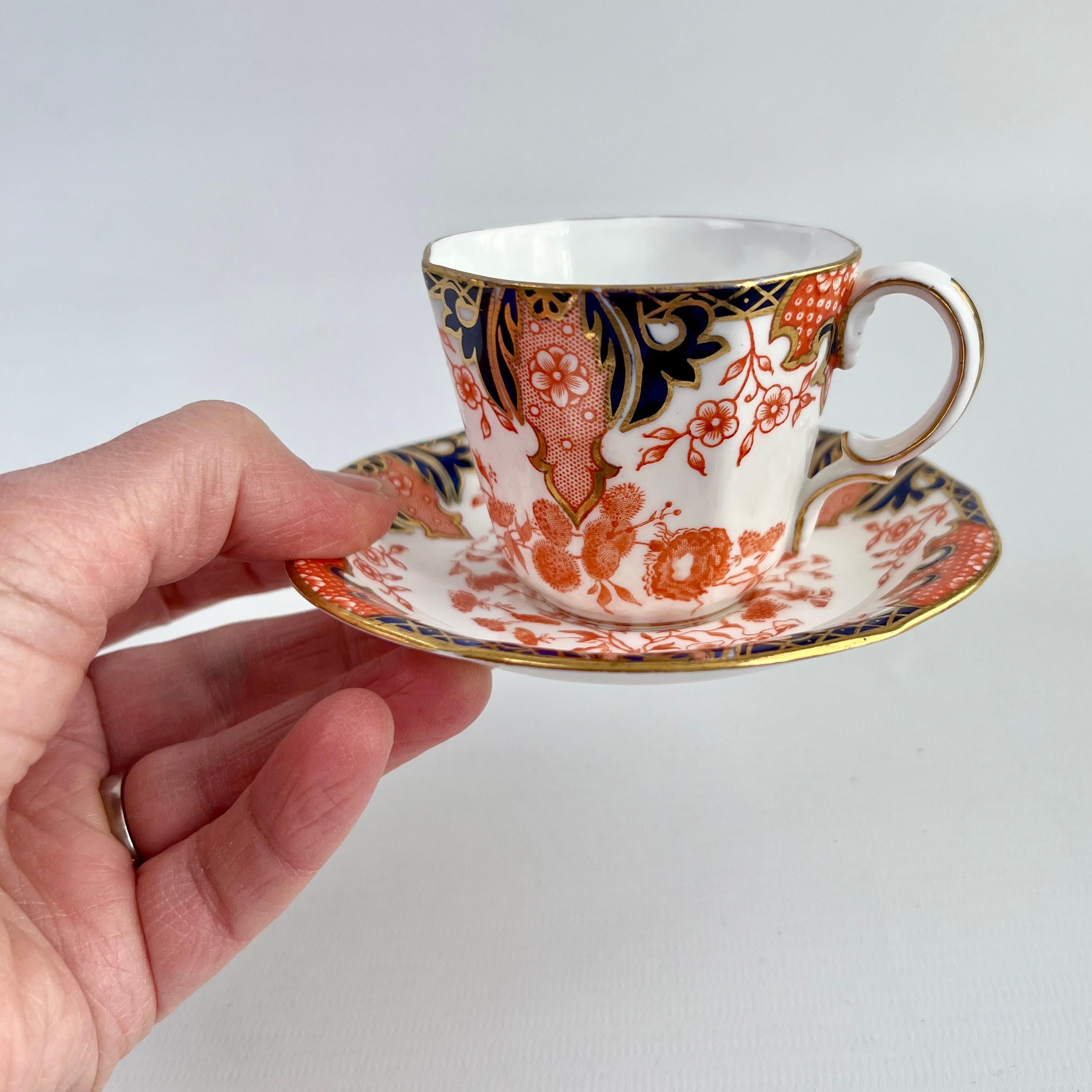 This is a sweet demitasse coffee cup and saucer made by Royal Crown Derby in 1913. The set is printed with the Imari-inspired pattern no. 2712, one of the many famous Imari patterns Royal Crown Derby brought out.

The Derby Porcelain factory has its