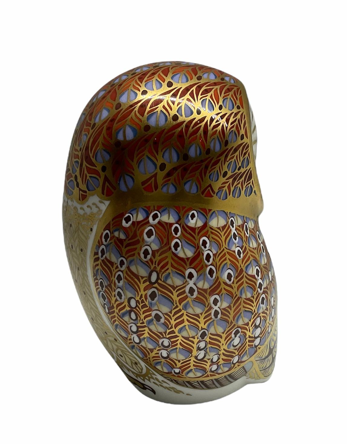 Hand-Painted Royal Crown Derby Porcelain Imari Style Owl Figurine Paperweight