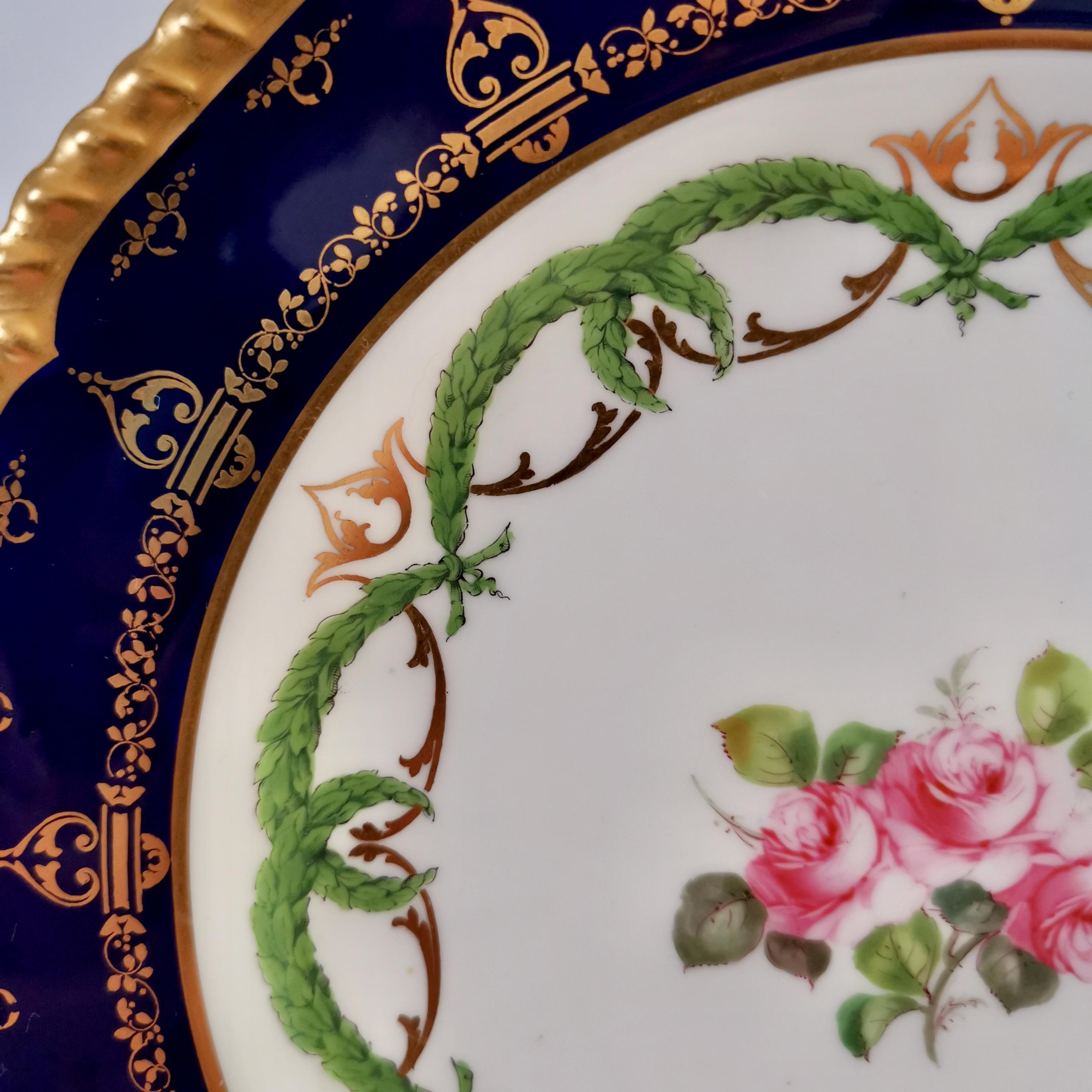 English Royal Crown Derby Porcelain Plate, Cobalt Blue, Gilt and Billingsley Roses, 1907