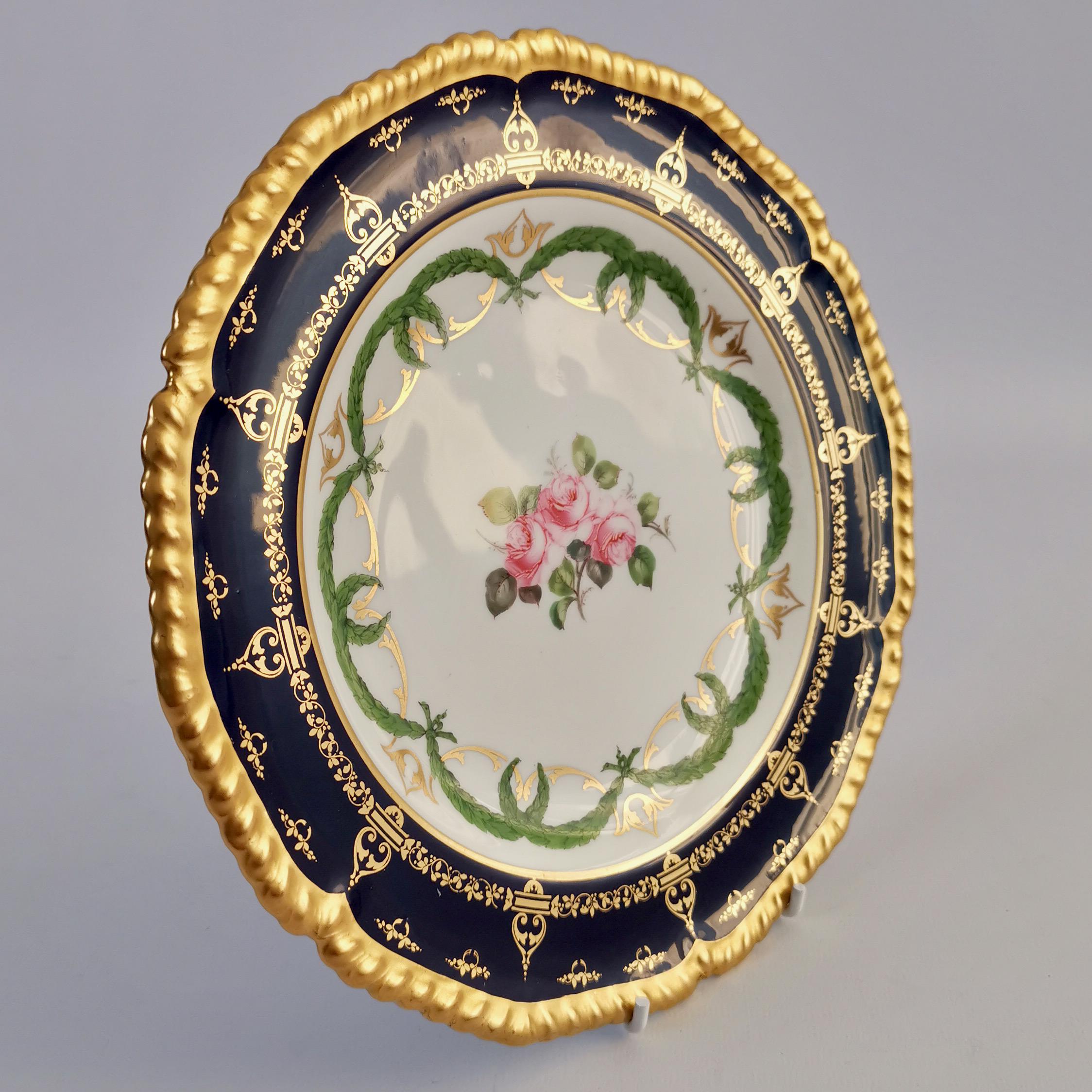 Hand-Painted Royal Crown Derby Porcelain Plate, Cobalt Blue, Gilt and Billingsley Roses, 1907