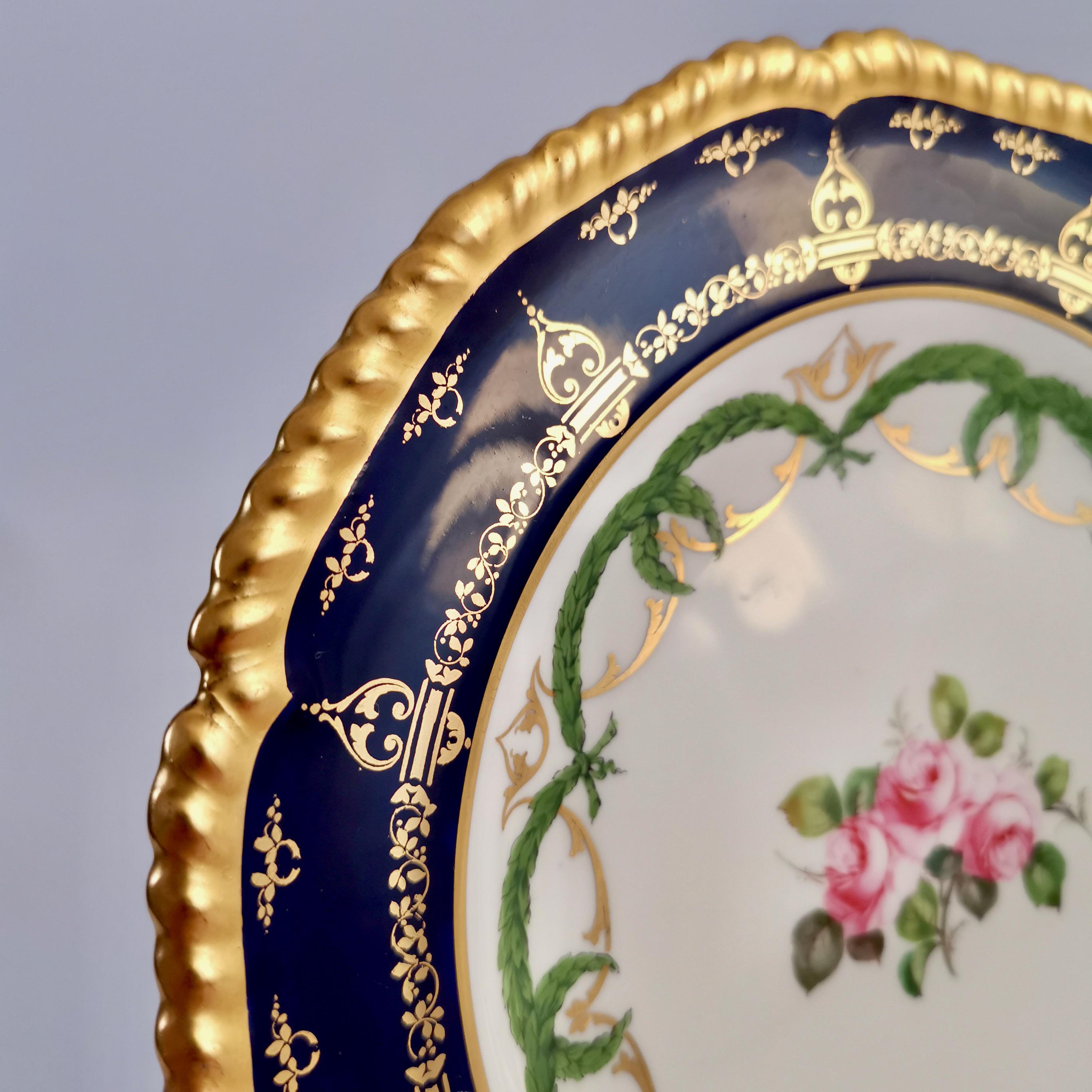 Early 20th Century Royal Crown Derby Porcelain Plate, Cobalt Blue, Gilt and Billingsley Roses, 1907