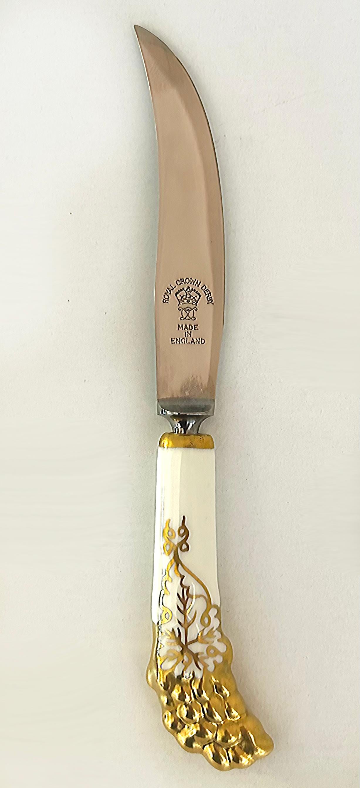 Brass Royal Crown Derby Porcelain, Stainless Fruit Knives Set, Grapes, Leather Box For Sale