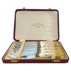 Retro Royal Crown Derby Porcelain, Stainless Fruit Knives Set, Grapes, Leather Box