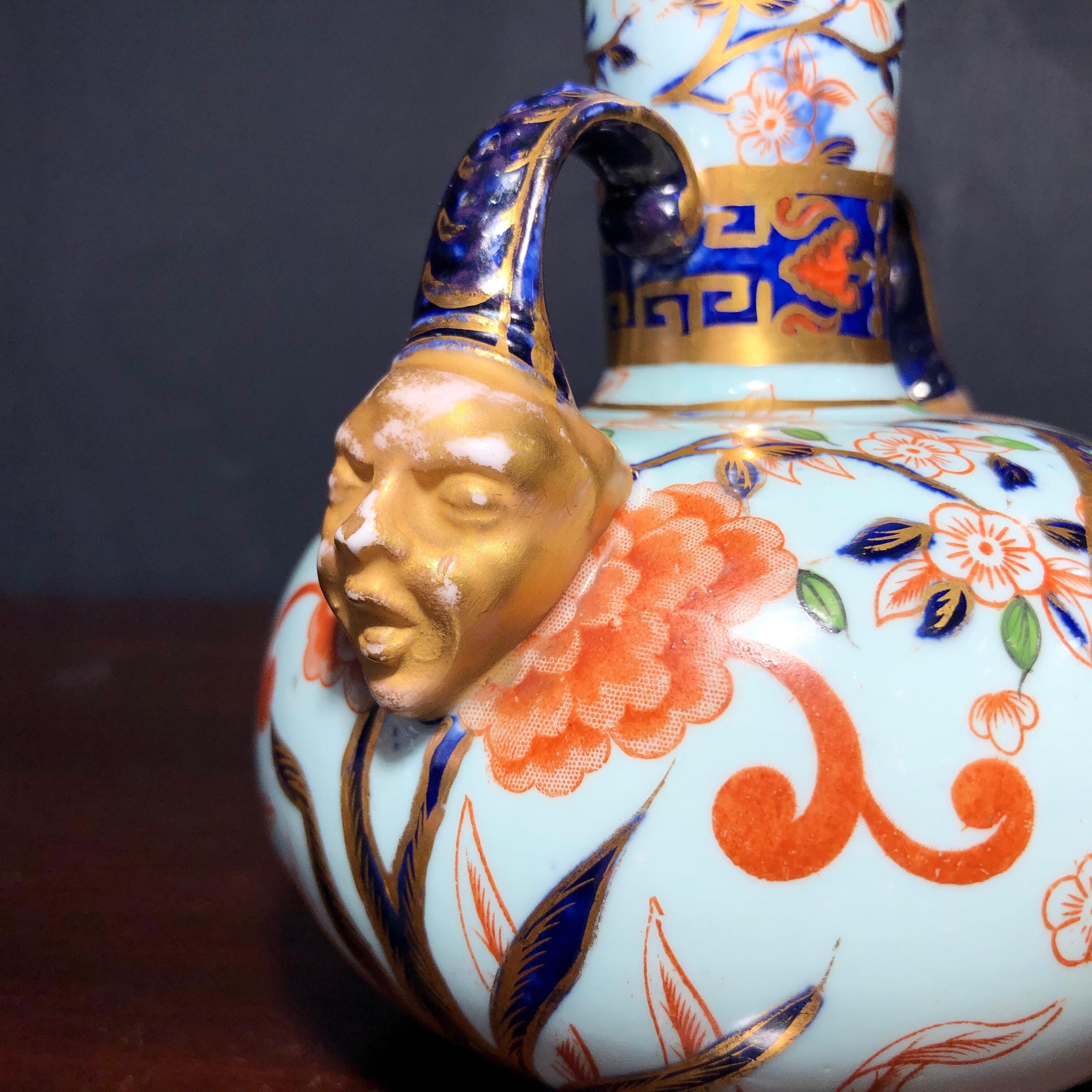 English Royal Crown Derby Vase, Oriental Decoration and Face Handles, circa 1885