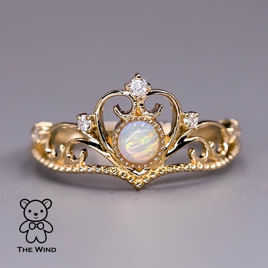 Artist Royal Crown Design Opal & Diamond Engagement Ring 14K Yellow Gold For Sale