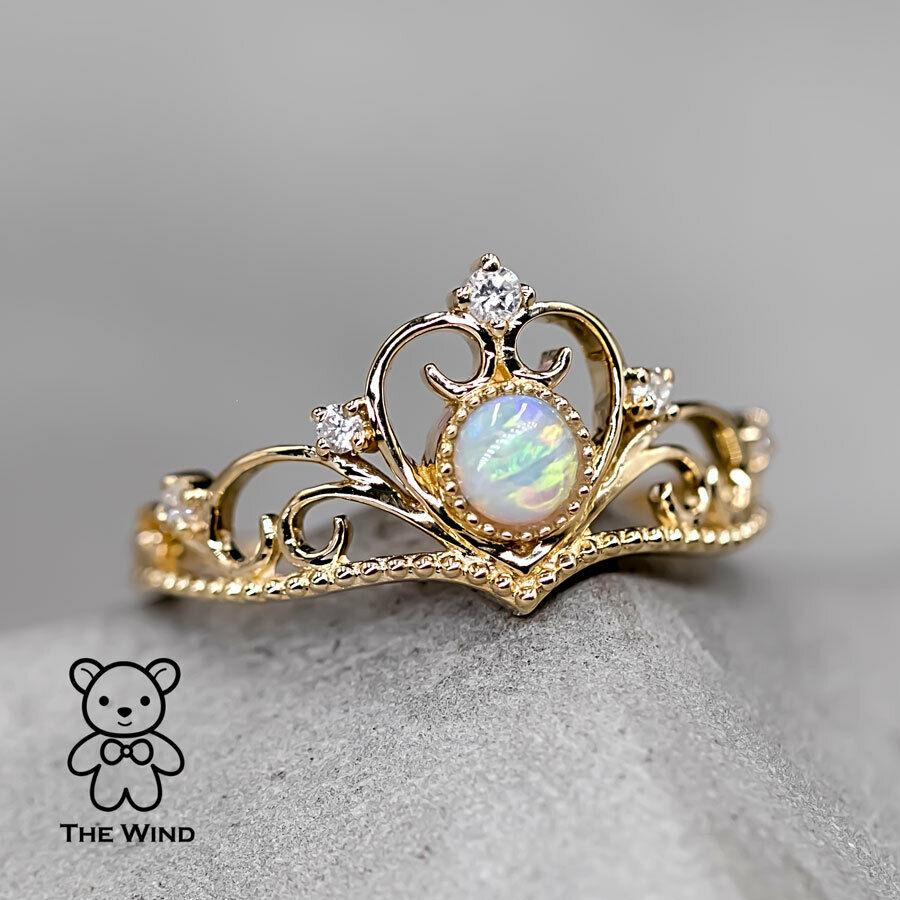 Royal Crown Design Opal & Diamond Engagement Ring 14K Yellow Gold In New Condition For Sale In Suwanee, GA