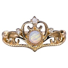 Royal Crown Design Opal & Diamond Engagement Ring 14K Yellow Gold