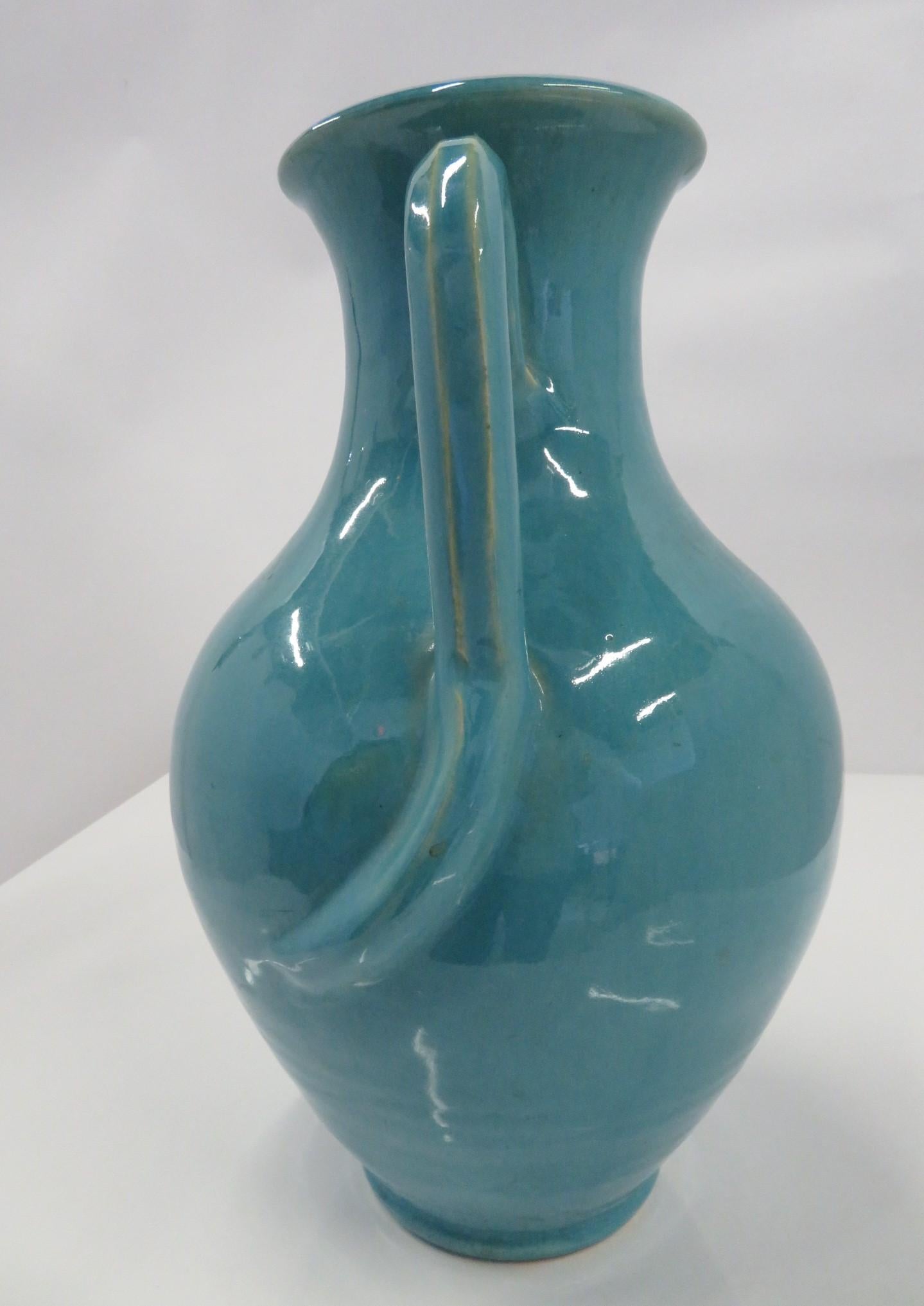Mid-20th Century Royal Crown Pottery Turquoise Blue Large Urn w/ Rat Tail Handles NC 1939-42 For Sale