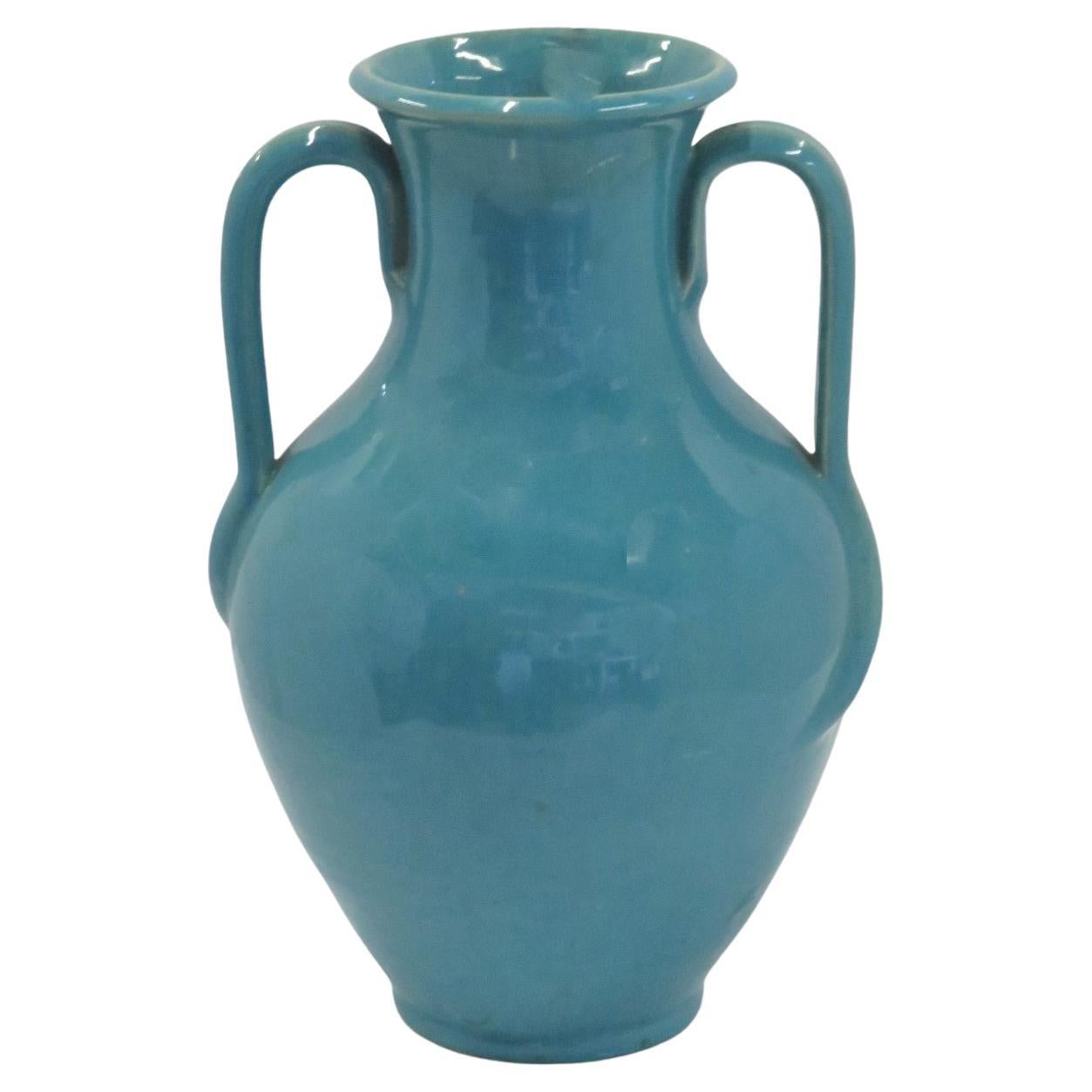 Royal Crown Pottery Turquoise Blue Large Urn w/ Rat Tail Handles NC 1939-42 For Sale
