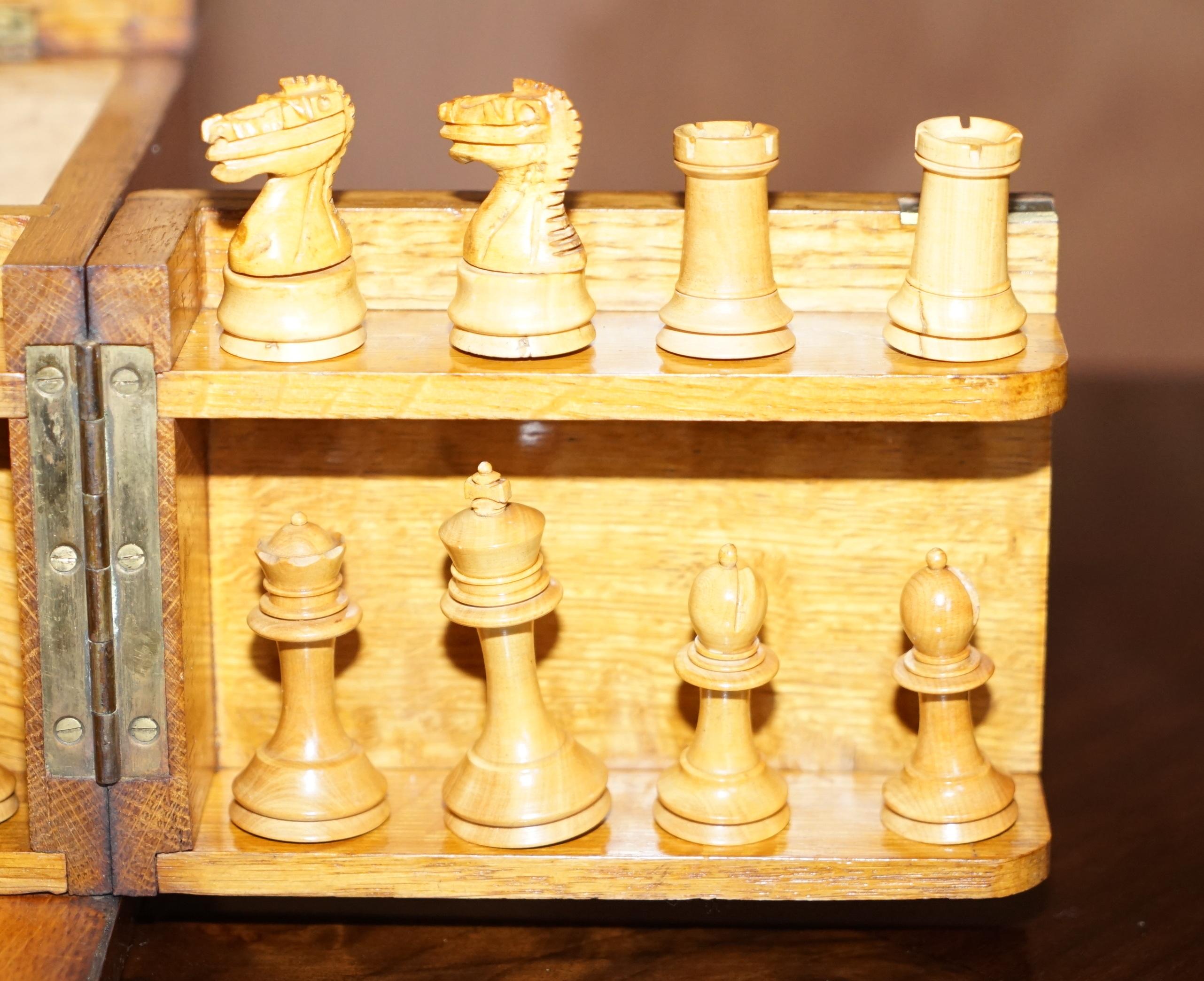 Royal Crown Stamped Victorian Oak Games Compendium Chess Cards Dominos Checkers For Sale 4
