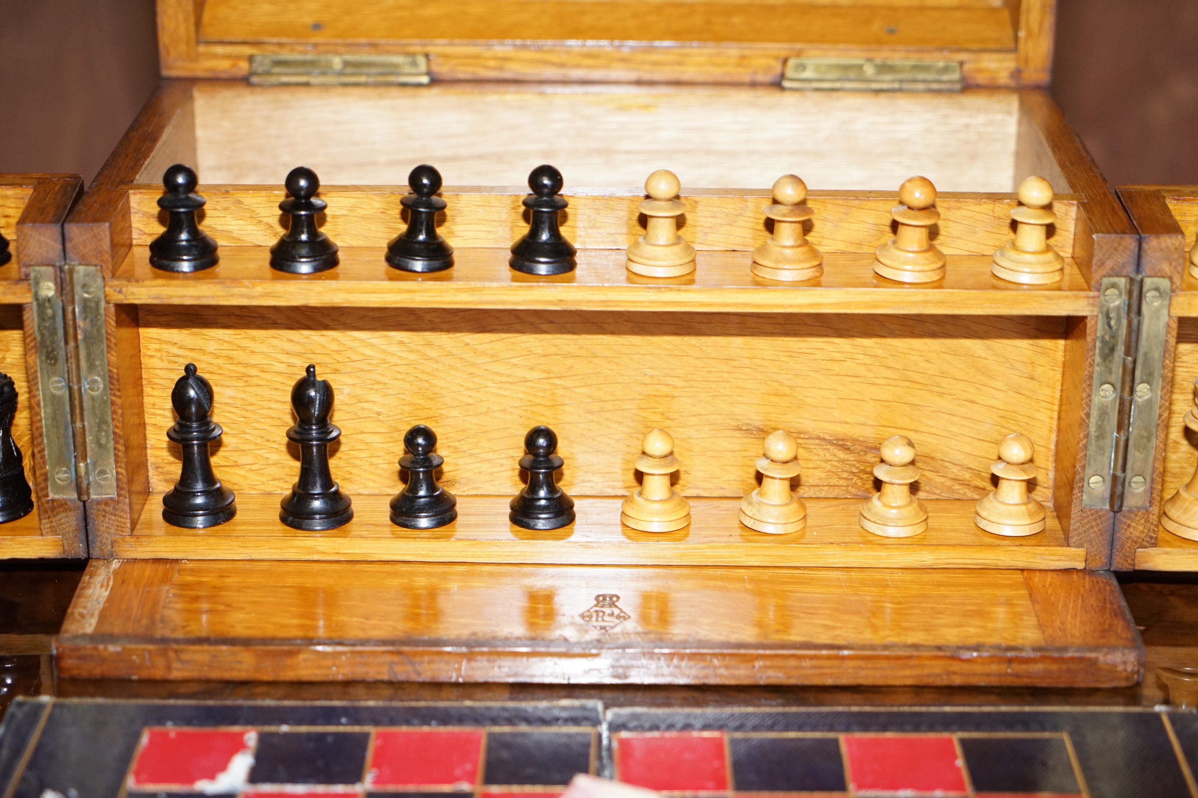 Royal Crown Stamped Victorian Oak Games Compendium Chess Cards Dominos Checkers For Sale 6