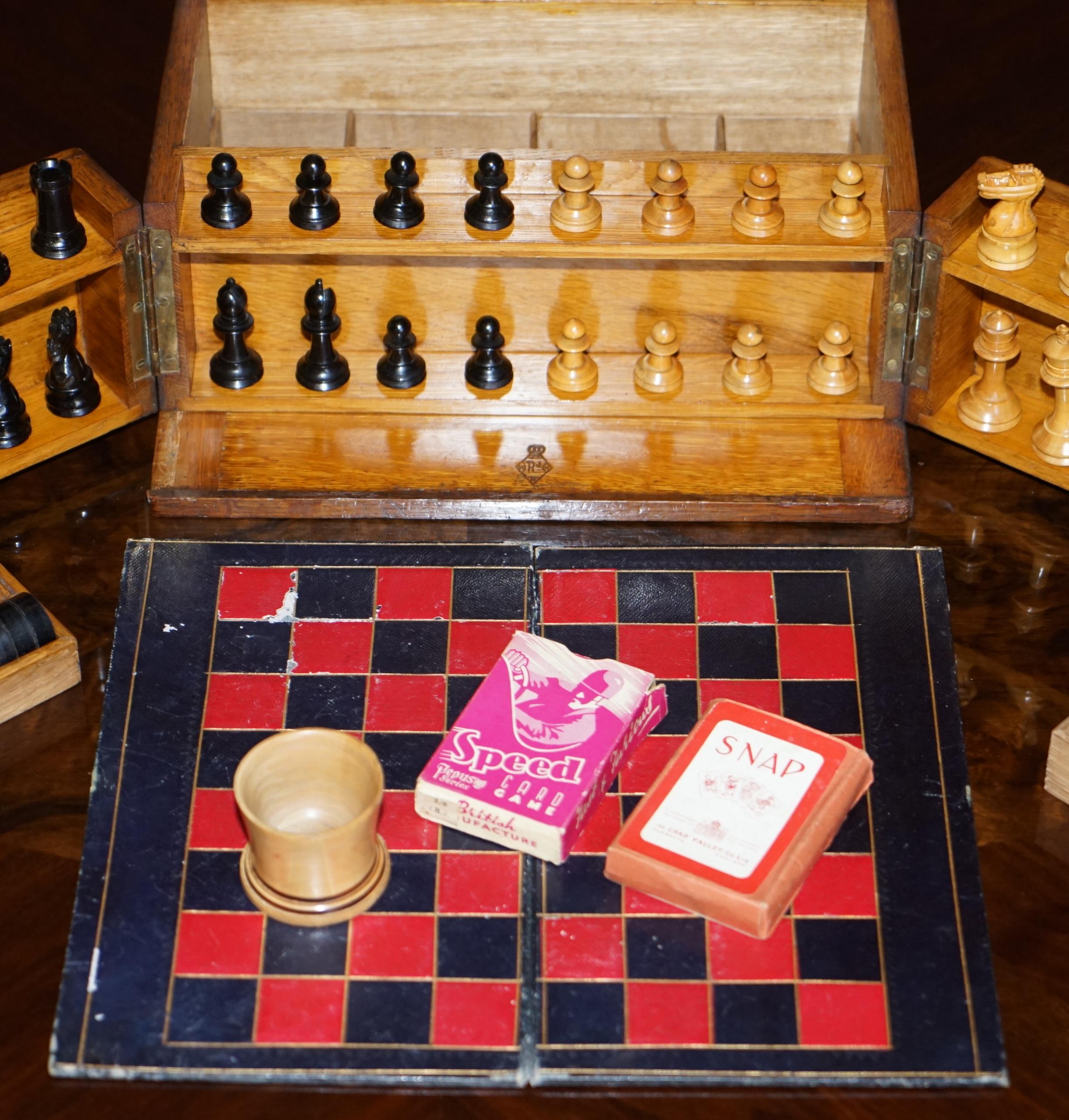 Hand-Crafted Royal Crown Stamped Victorian Oak Games Compendium Chess Cards Dominos Checkers For Sale