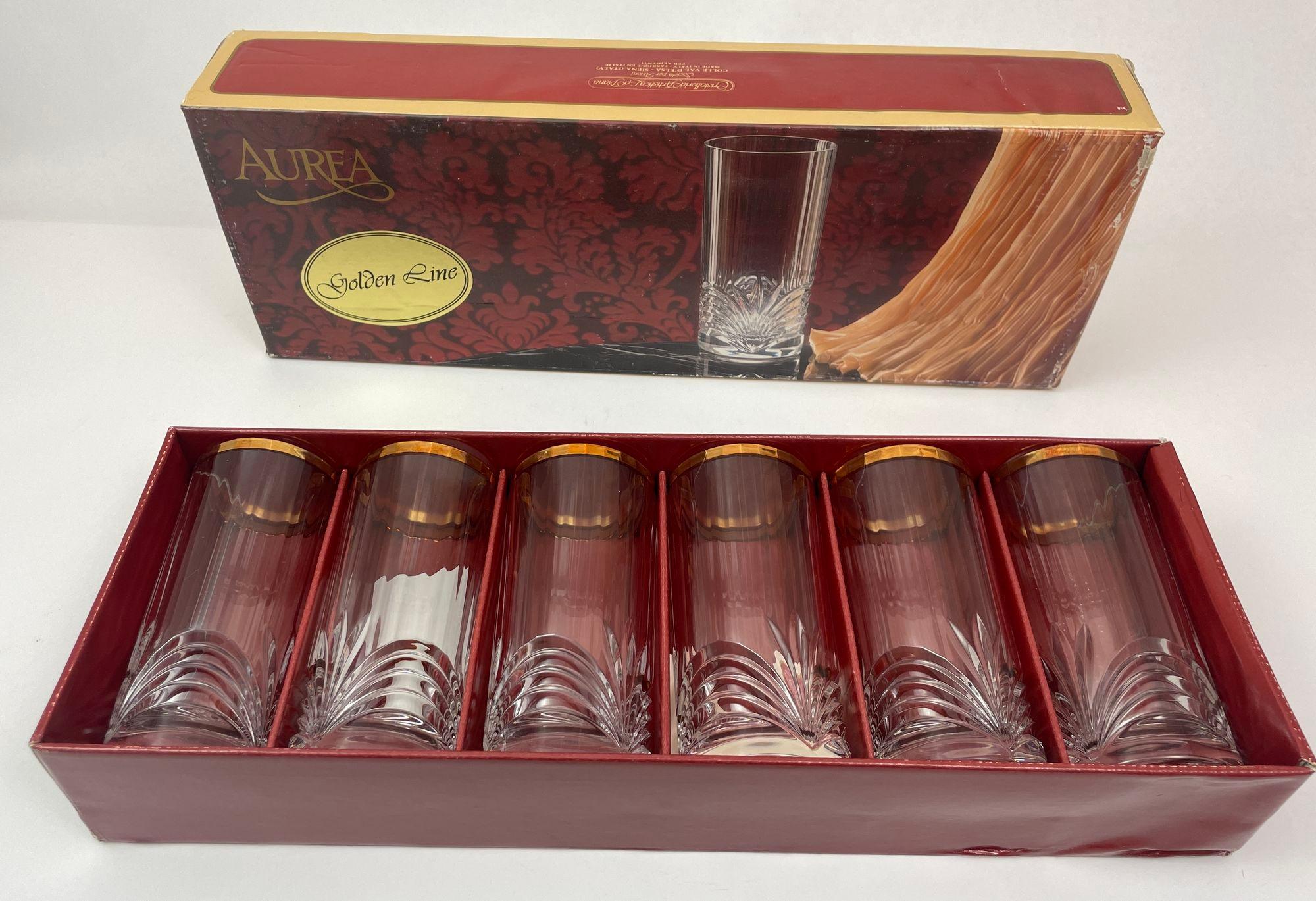 Royal Crystal Rock Aurea Tumbler Highball Glasses in Box Vintage Set of 6 In Good Condition For Sale In North Hollywood, CA
