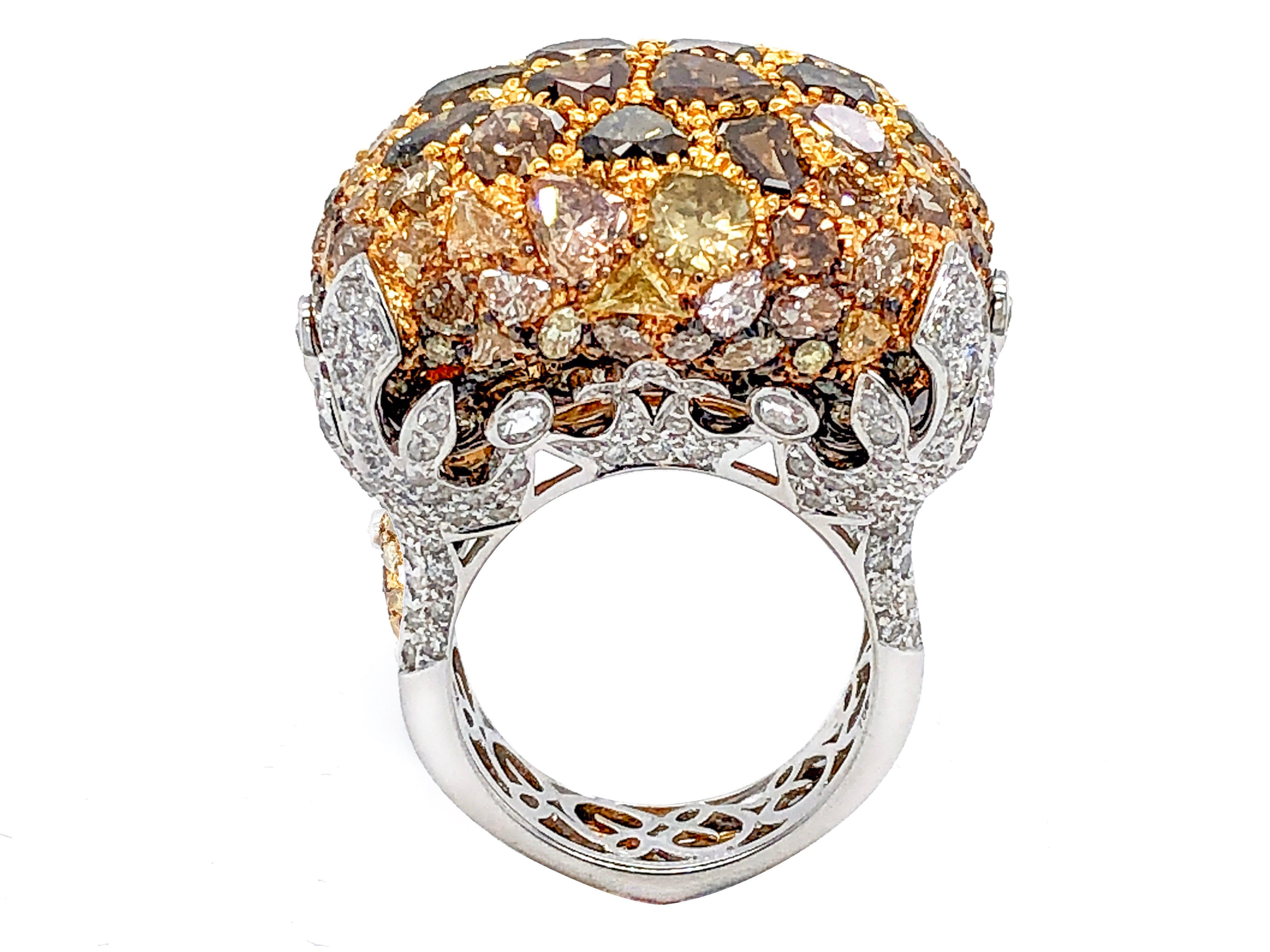Medieval Royal Cushion Statement Ring of Mixed-Cut Fancy Color Diamonds in 18 Karat Gold For Sale