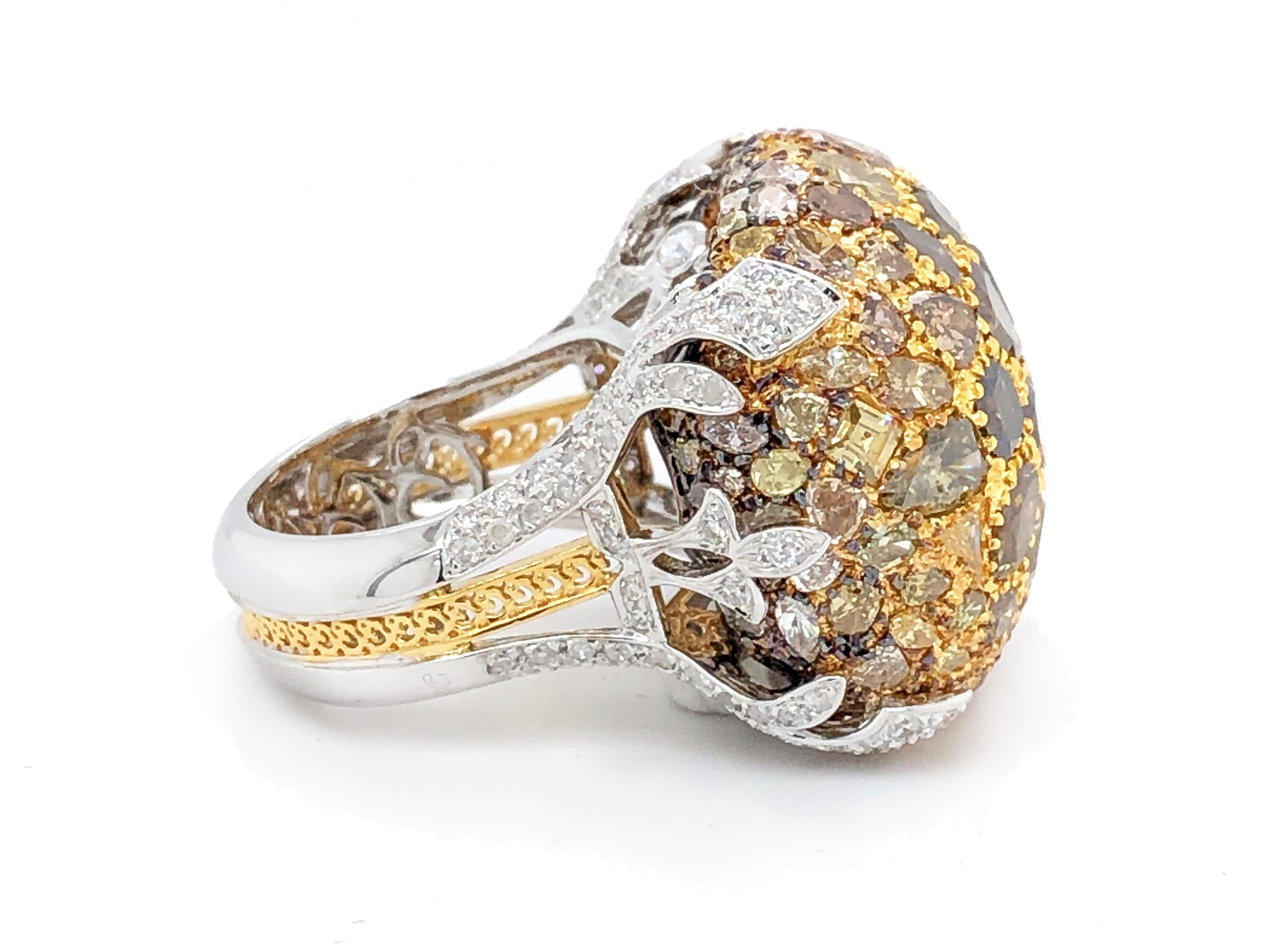Women's or Men's Royal Cushion Statement Ring of Mixed-Cut Fancy Color Diamonds in 18 Karat Gold For Sale
