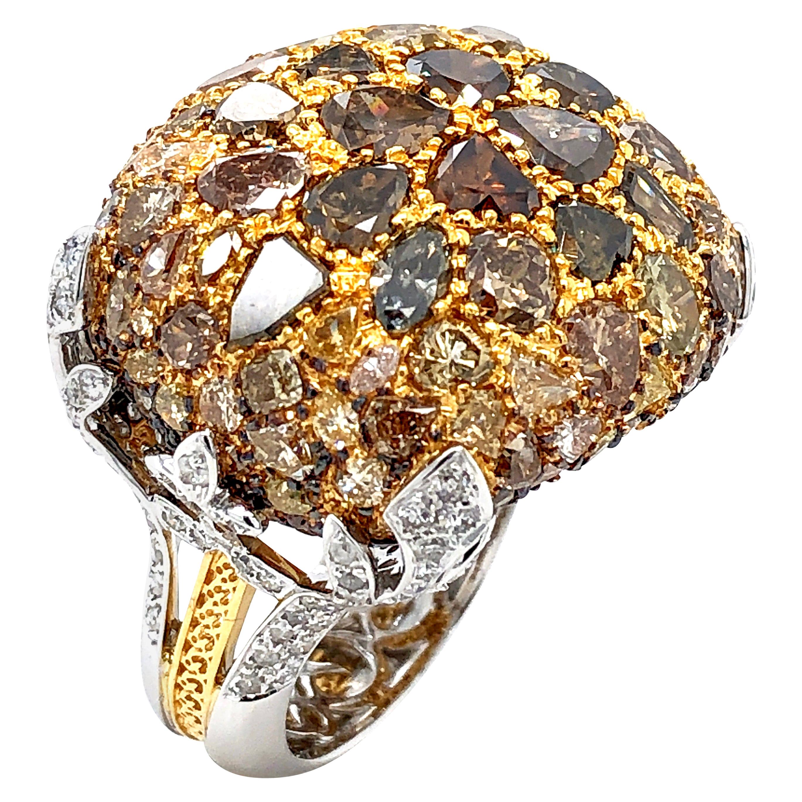 Royal Cushion Statement Ring of Mixed-Cut Fancy Color Diamonds in 18 Karat Gold For Sale