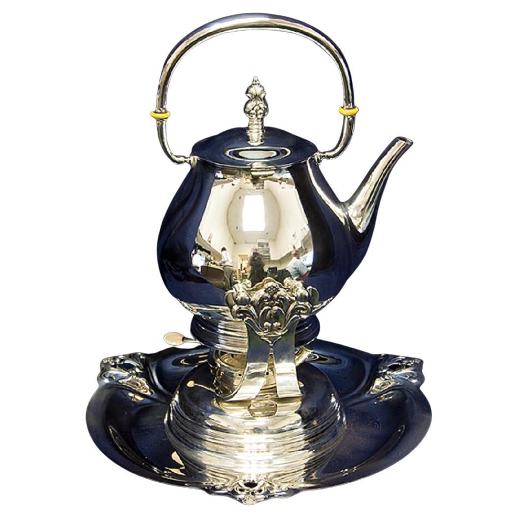 Royal Danish International Silver Sterling Hot Water Kettle on Stand with Burner For Sale