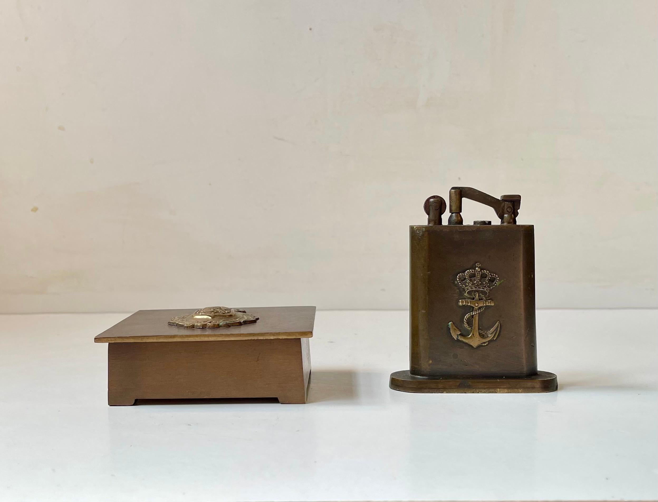 Art Deco Royal Danish Navy Tobacco Set - Lighter & Box in Bronze, 1930s, Set of 2 For Sale