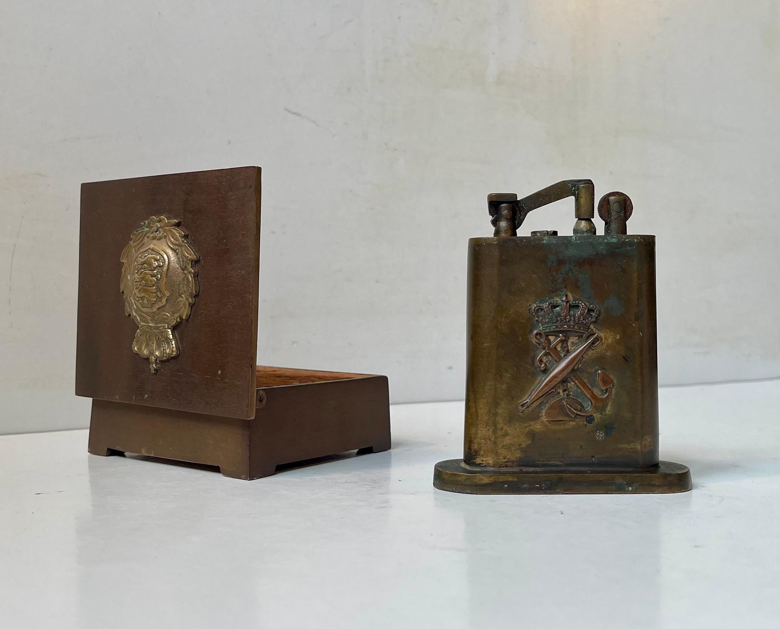 Mid-20th Century Royal Danish Navy Tobacco Set - Lighter & Box in Bronze, 1930s, Set of 2 For Sale