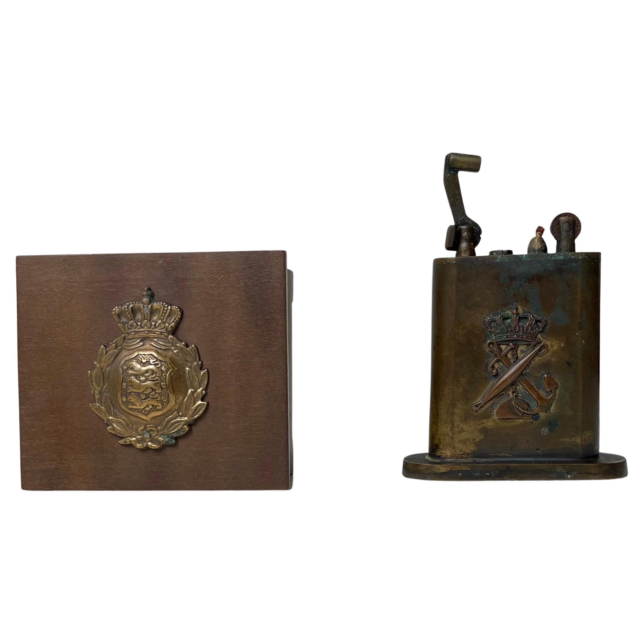 Royal Danish Navy Tobacco Set - Lighter & Box in Bronze, 1930s, Set of 2