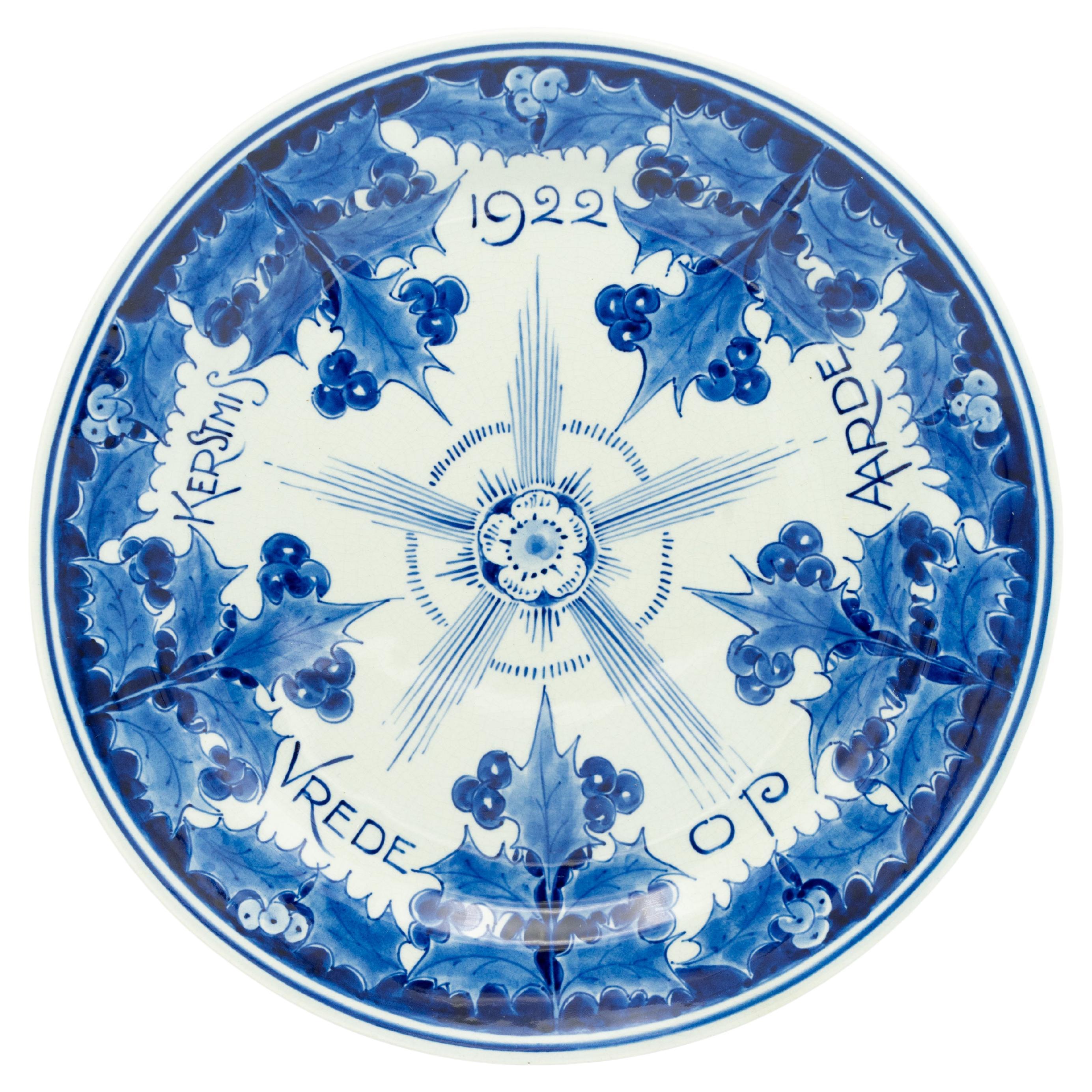 Peace on Earth Christmas Plate from Royal Delft, 1922, Hand-Painted