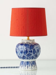 Royal Delft 1924 Blue and White Ceramic Table Lamp, New Vermilion Silk Shade