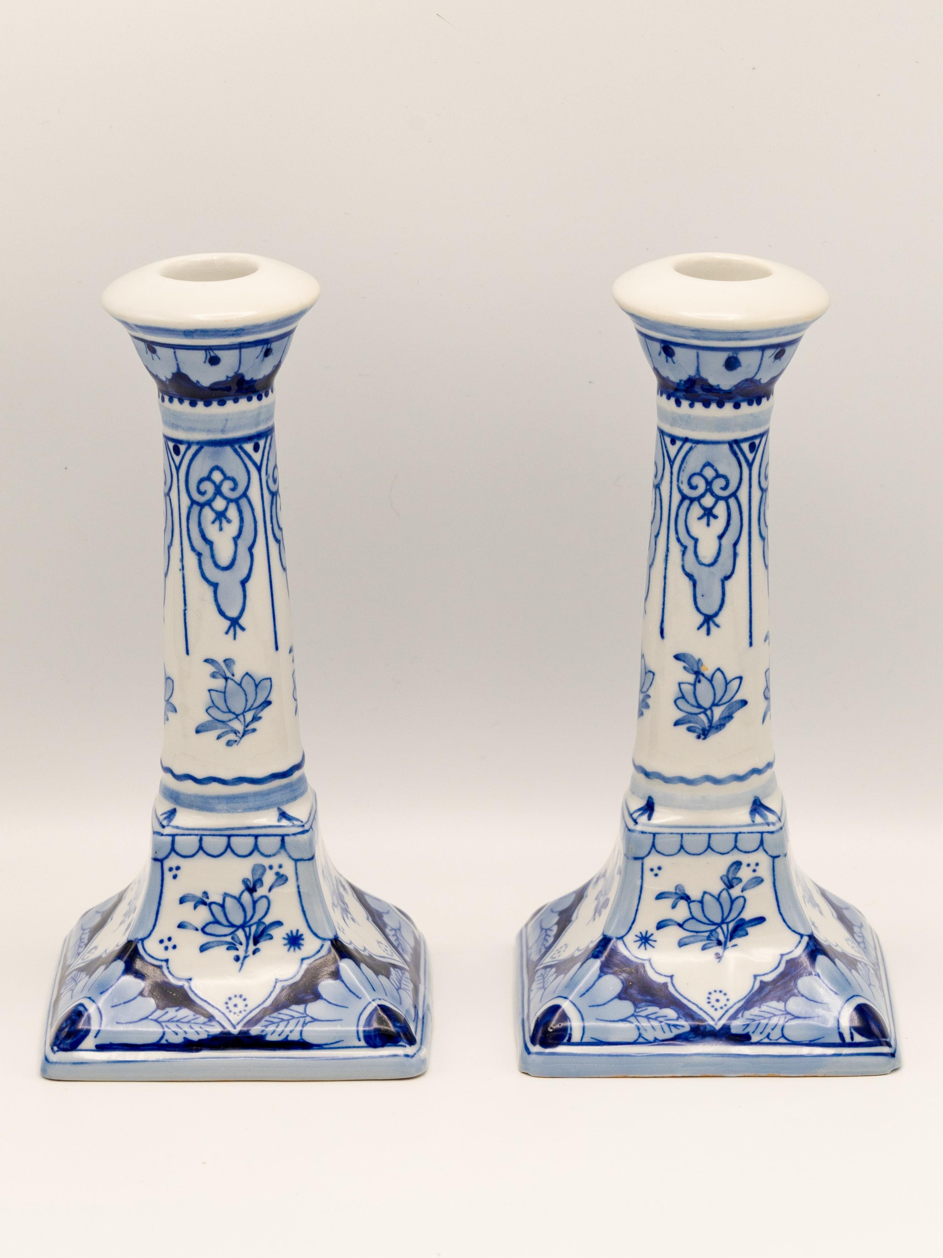 Dutch Royal Delft 1988 Hand-Painted Candlesticks, Pair with Original Boxes, Delft Blue For Sale