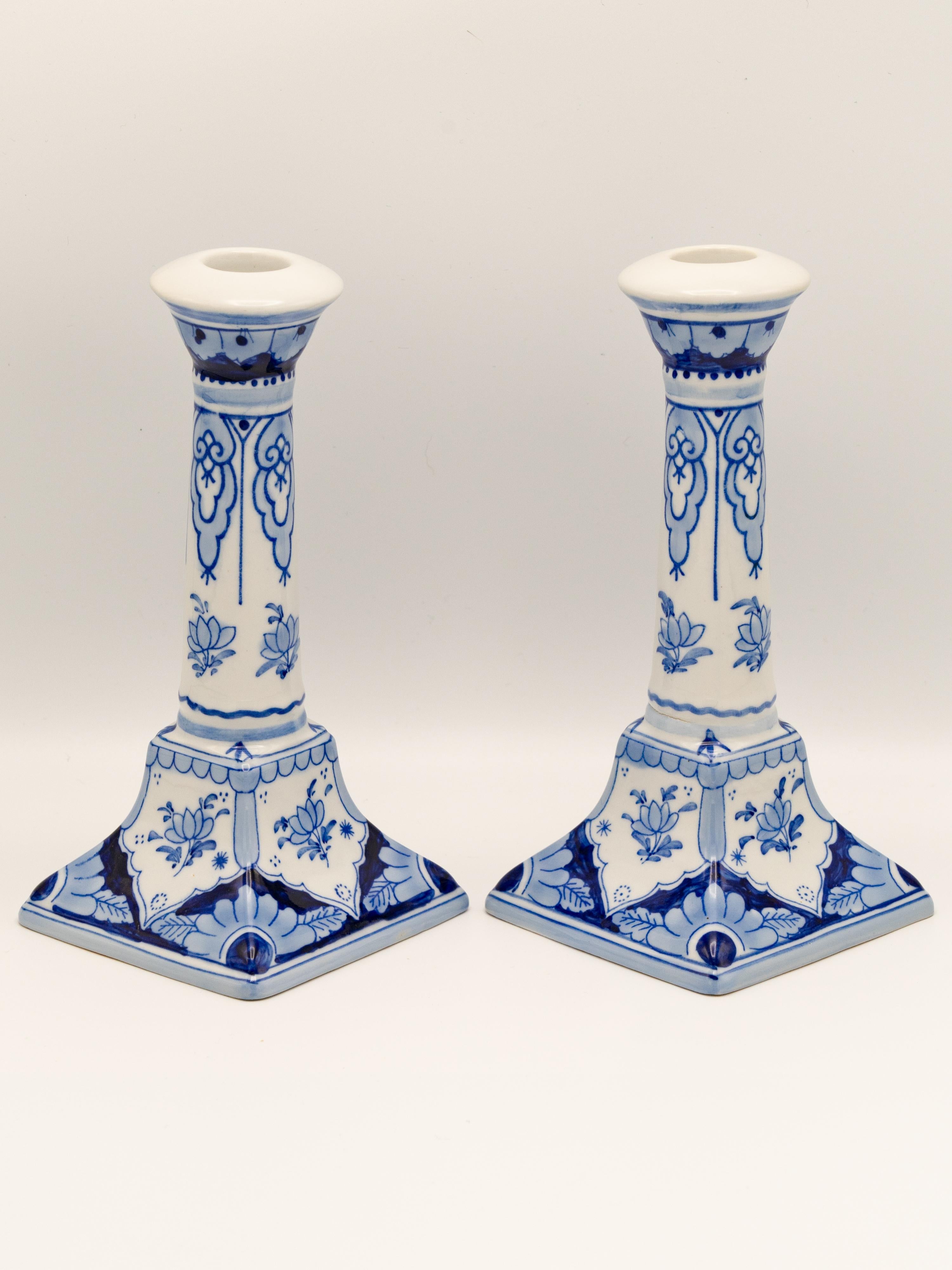 Late 20th Century Royal Delft 1988 Hand-Painted Candlesticks, Pair with Original Boxes, Delft Blue For Sale