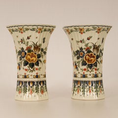 Royal Delft Beaker Vases Earthenware Dutch Polychrome Delftware Vases a Pair