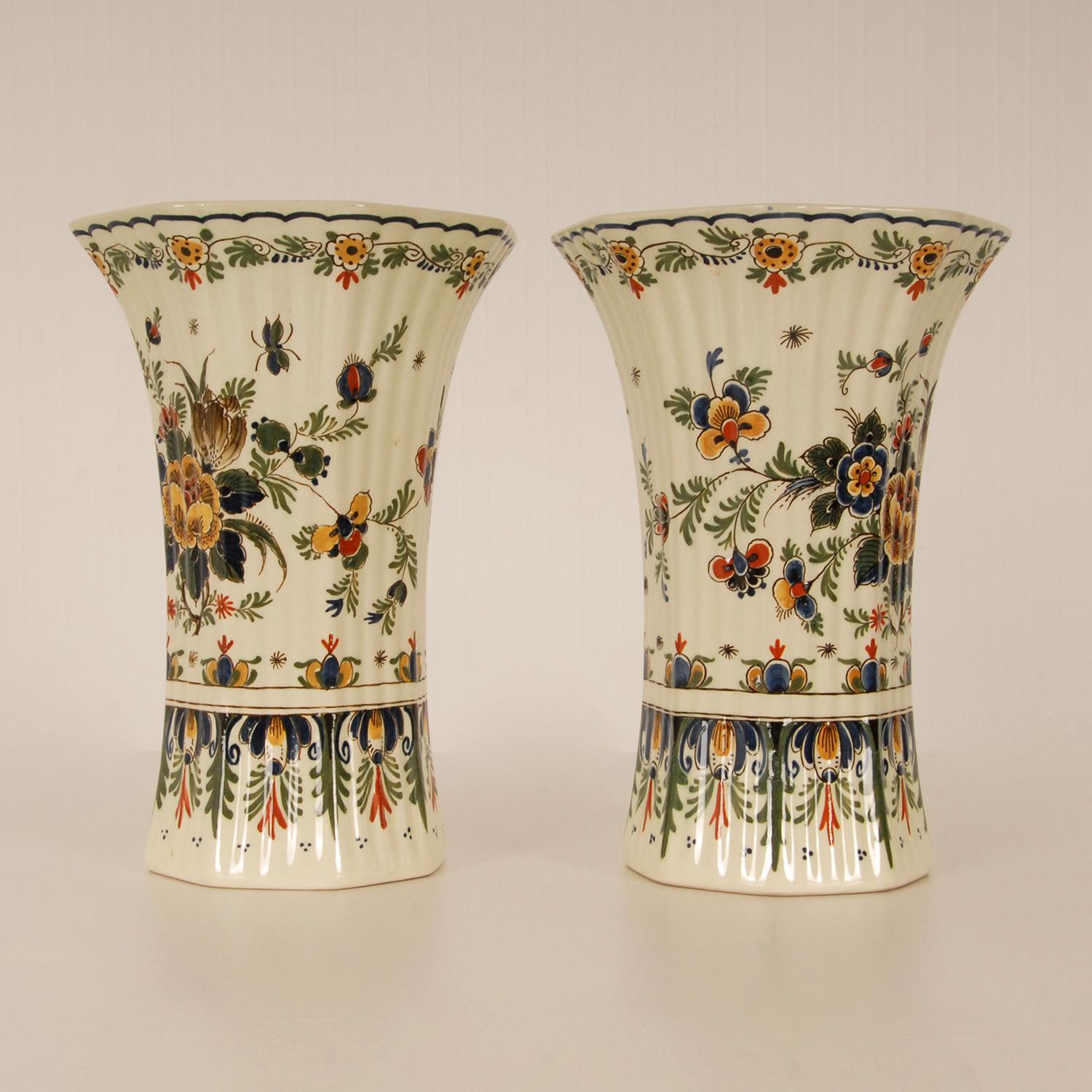 Baroque Revival Royal Delft Beaker Vases Earthenware Dutch Polychrome Delftware Vases a Pair For Sale