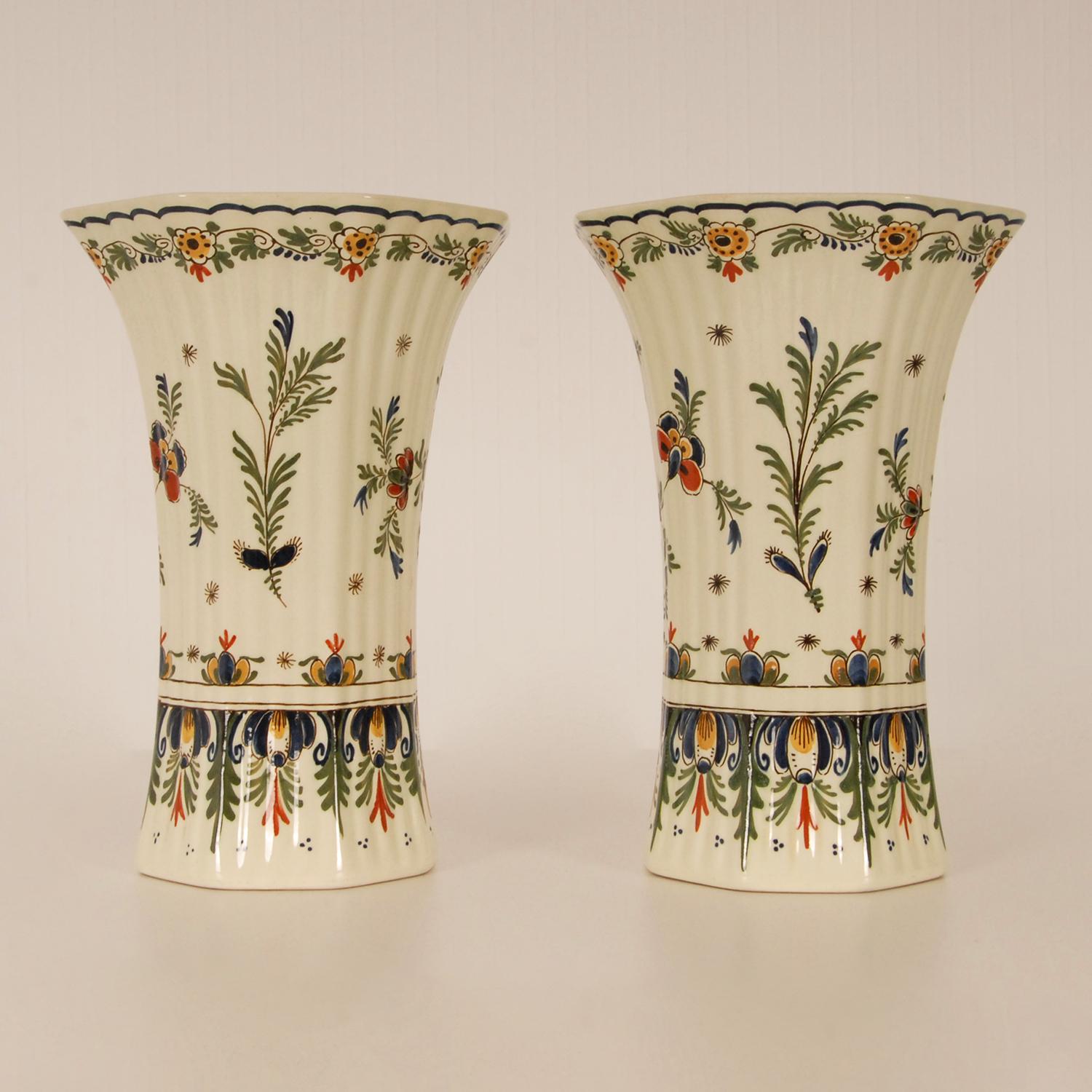 Hand-Crafted Royal Delft Beaker Vases Earthenware Dutch Polychrome Delftware Vases a Pair For Sale