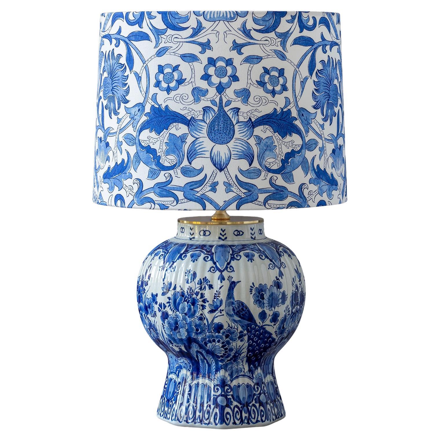 Royal Delft Blue 1940 Table Lamp, William Morris Lampshade