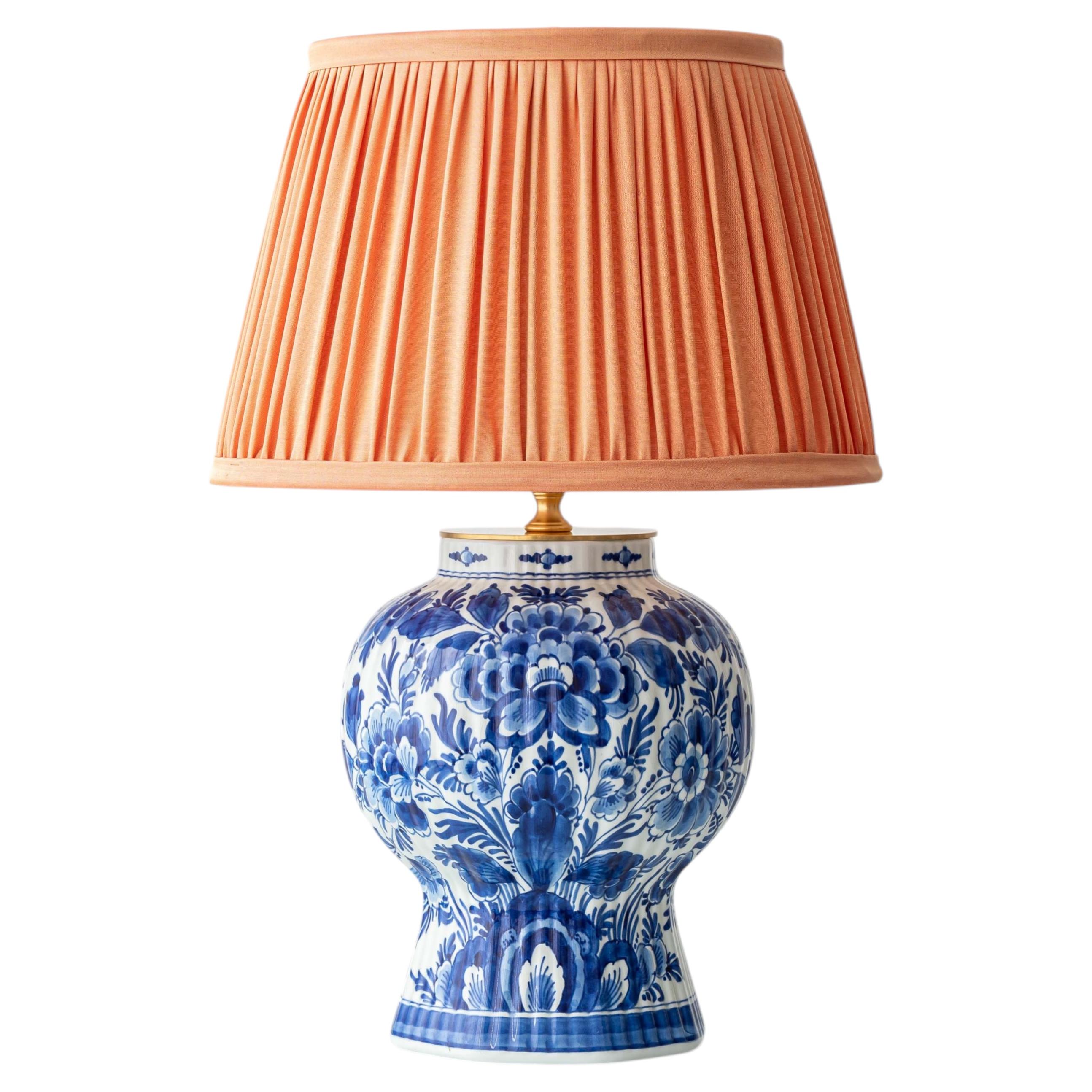 Royal Delft Blue Ceramic Table Lamp, 1973, New Pleated Peach Silk Shade