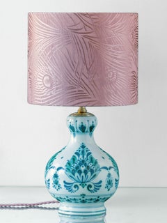 Royal Delft Blue-Green Ceramic Table Lamp with New Pink Peacock-Jacquard Shade
