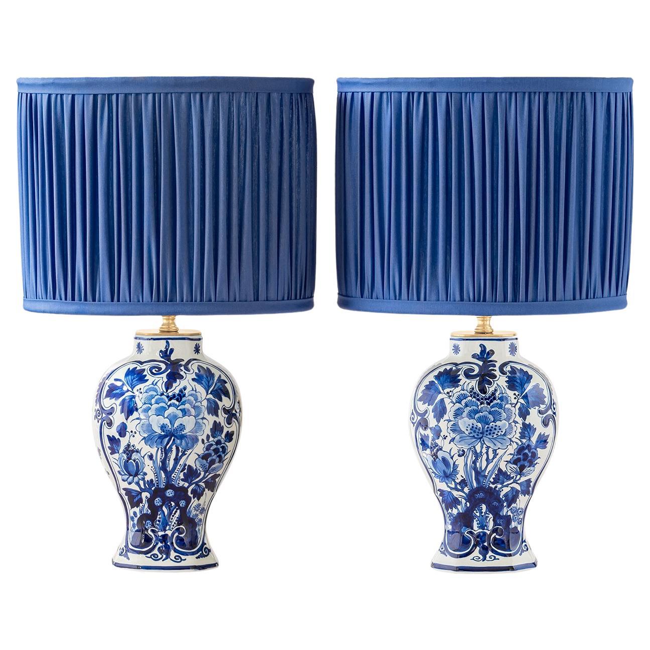 Royal Delft Blue Louis XV Table Lamps 1978-1979 with New Cobalt Pleated Shades