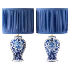 Royal Delft Blue Louis XV Table Lamps 1978-1979 with New Cobalt Pleated Shades