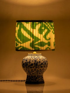Royal Delft Blue and White Botanical Ceramic Table Lamp, New Ikat Silk Shade
