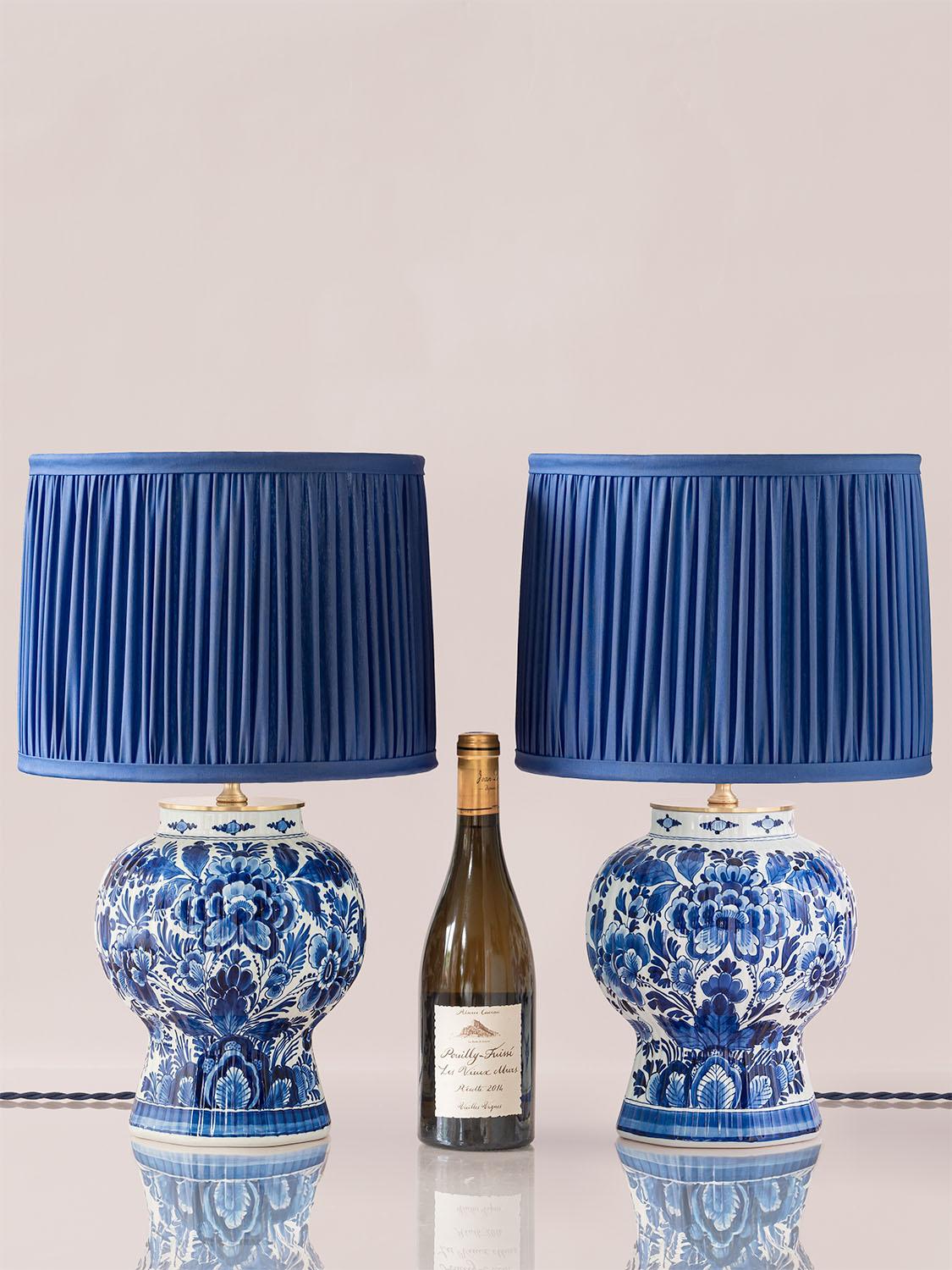 Chinoiserie Royal Delft Blue Table Lamps (1964 & 1978) with New Cobalt Blue Lampshades