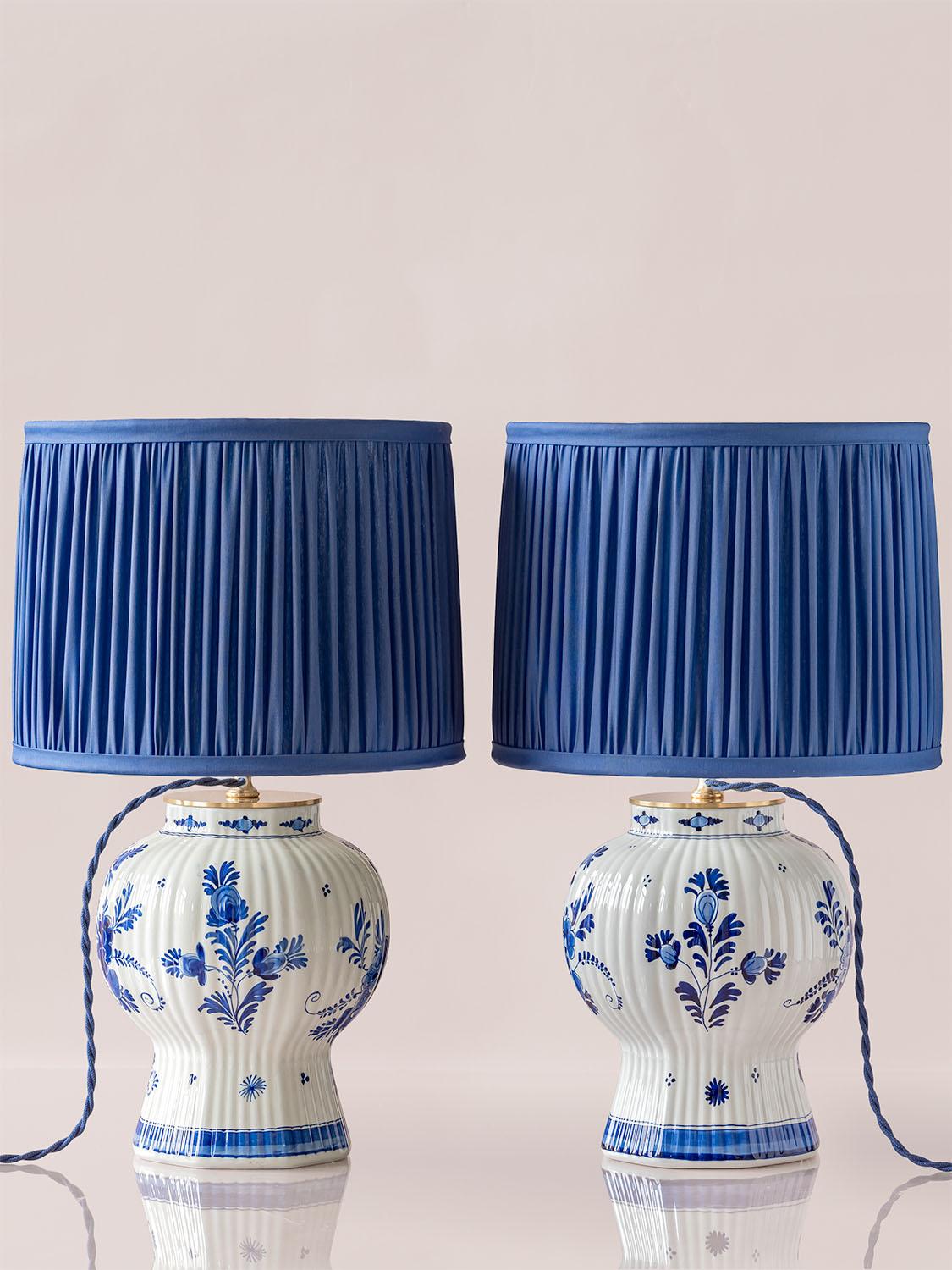 Dutch Royal Delft Blue Table Lamps (1964 & 1978) with New Cobalt Blue Lampshades