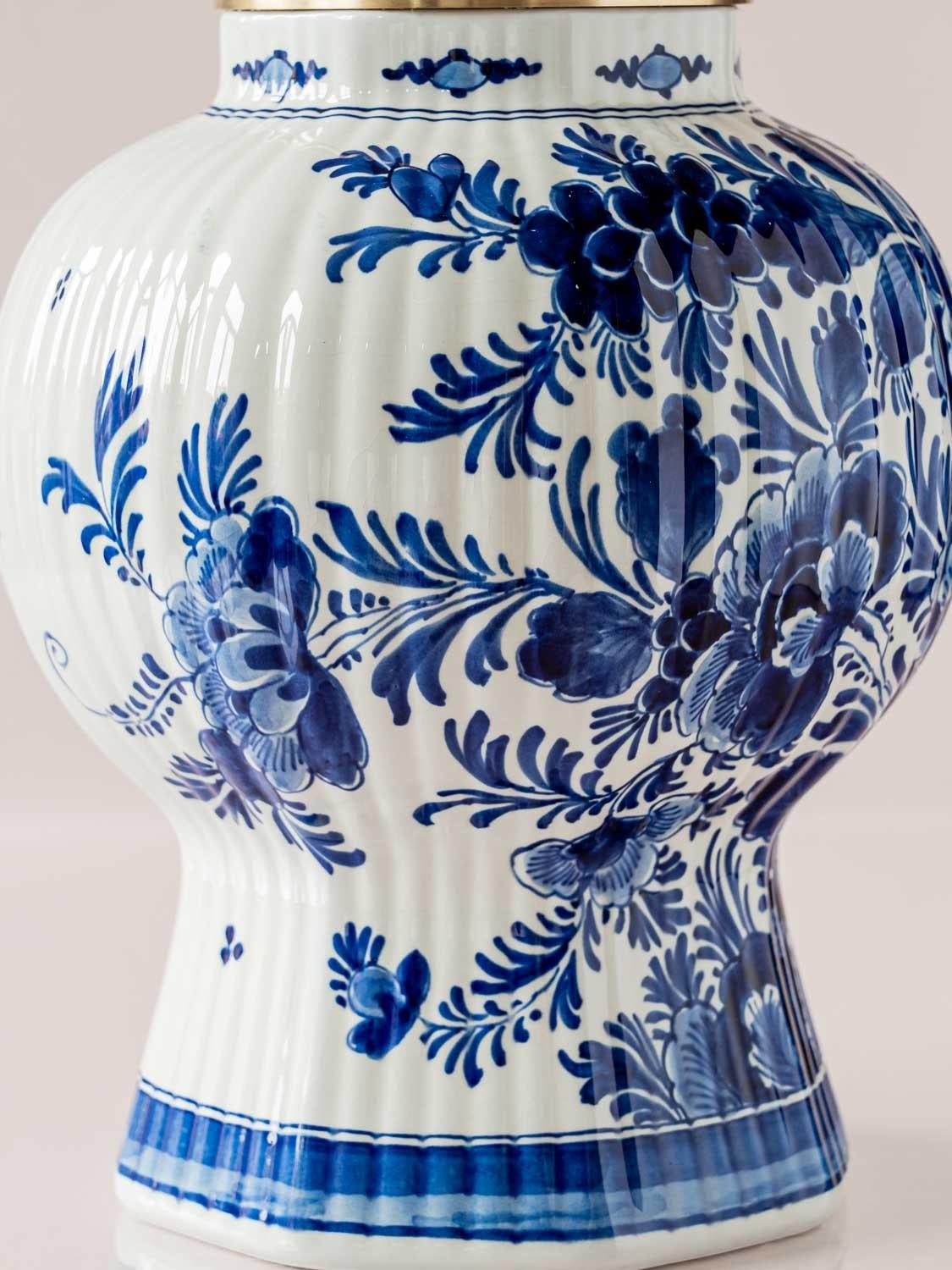 Brass Royal Delft Blue Table Lamps (1964 & 1978) with New Cobalt Blue Lampshades